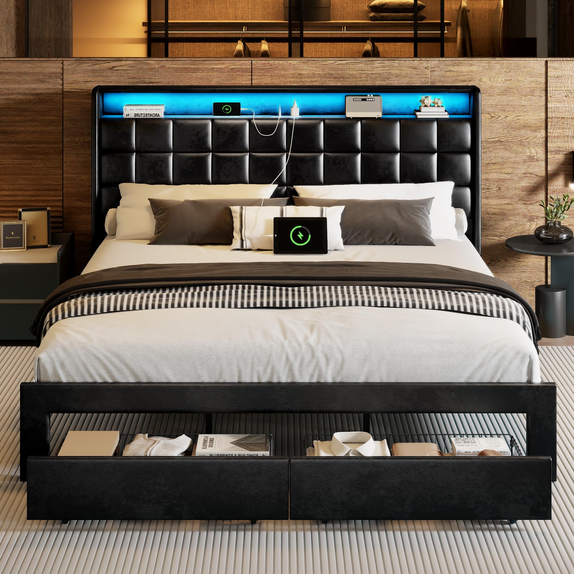 Queen Bed Frame with 2 Storage Drawers, Leather Upholstered Headboard with LED Lights and Charging Station, Heavy Duty Wood Slats No Box Spring Needed - Easy Assembly
