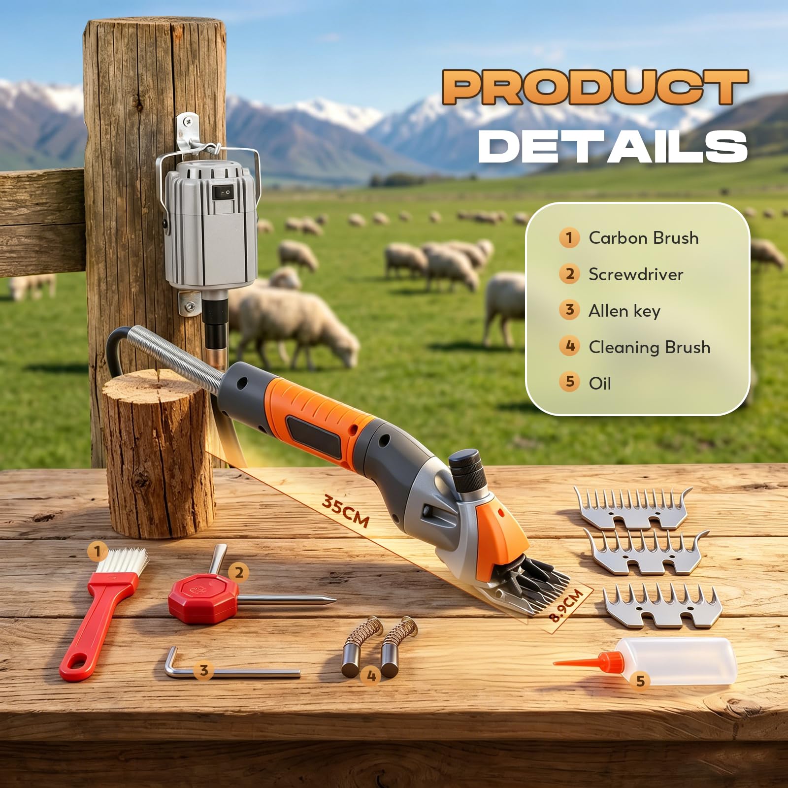 CGOLDENWALL Máquina Esquilar Ovejas 1000W, Tipo Colgante, Cabras | Profesional, 2800RPM, 4 Cuchillas Acero Alto Carbono, 9/13D Recta & Curvada, Alpacas, Naranja