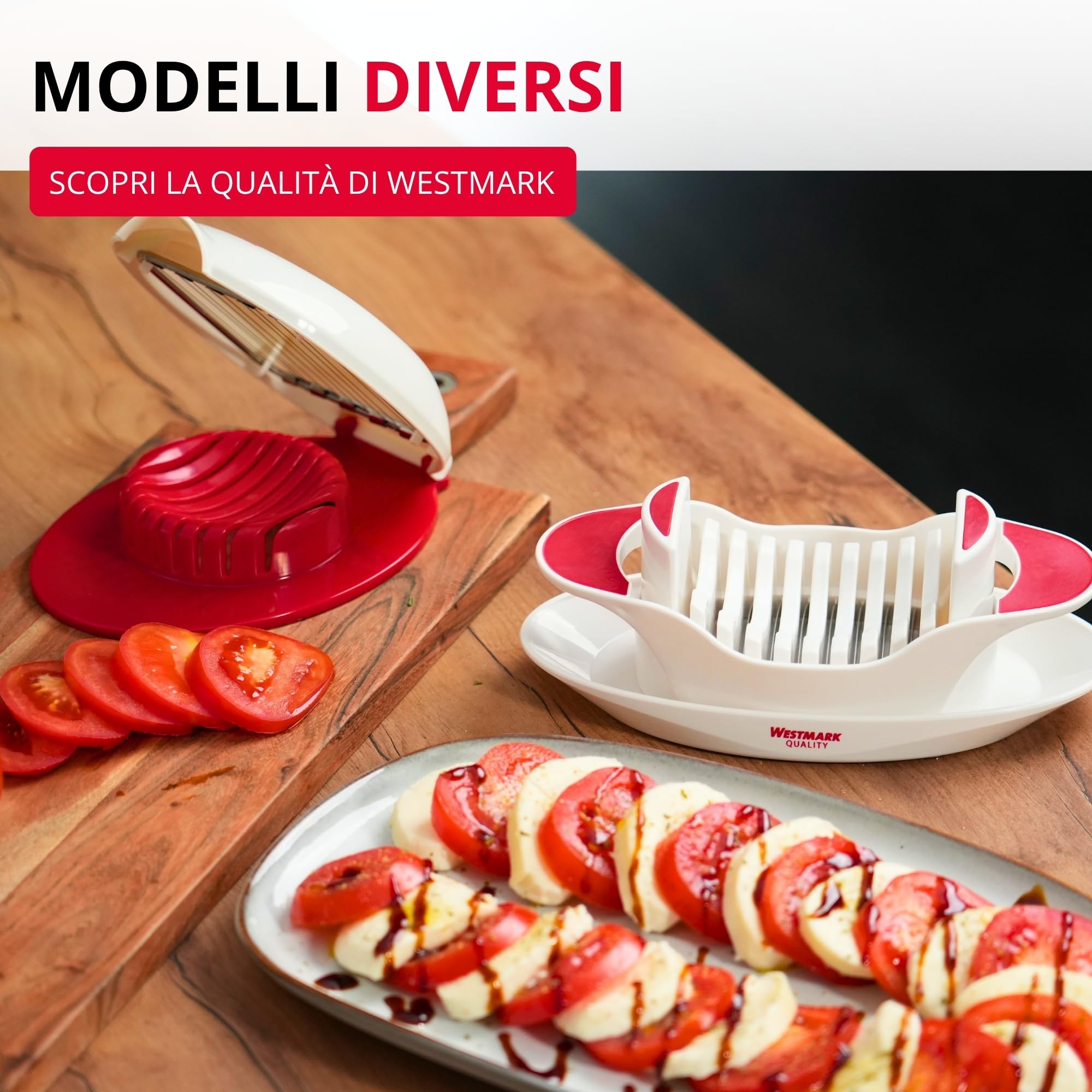 Westmark Affetta-pomodori e mozzarella con piattino e lame seghettate, Acciaio inox/Plastica, Bianco/Rosso, 11572260