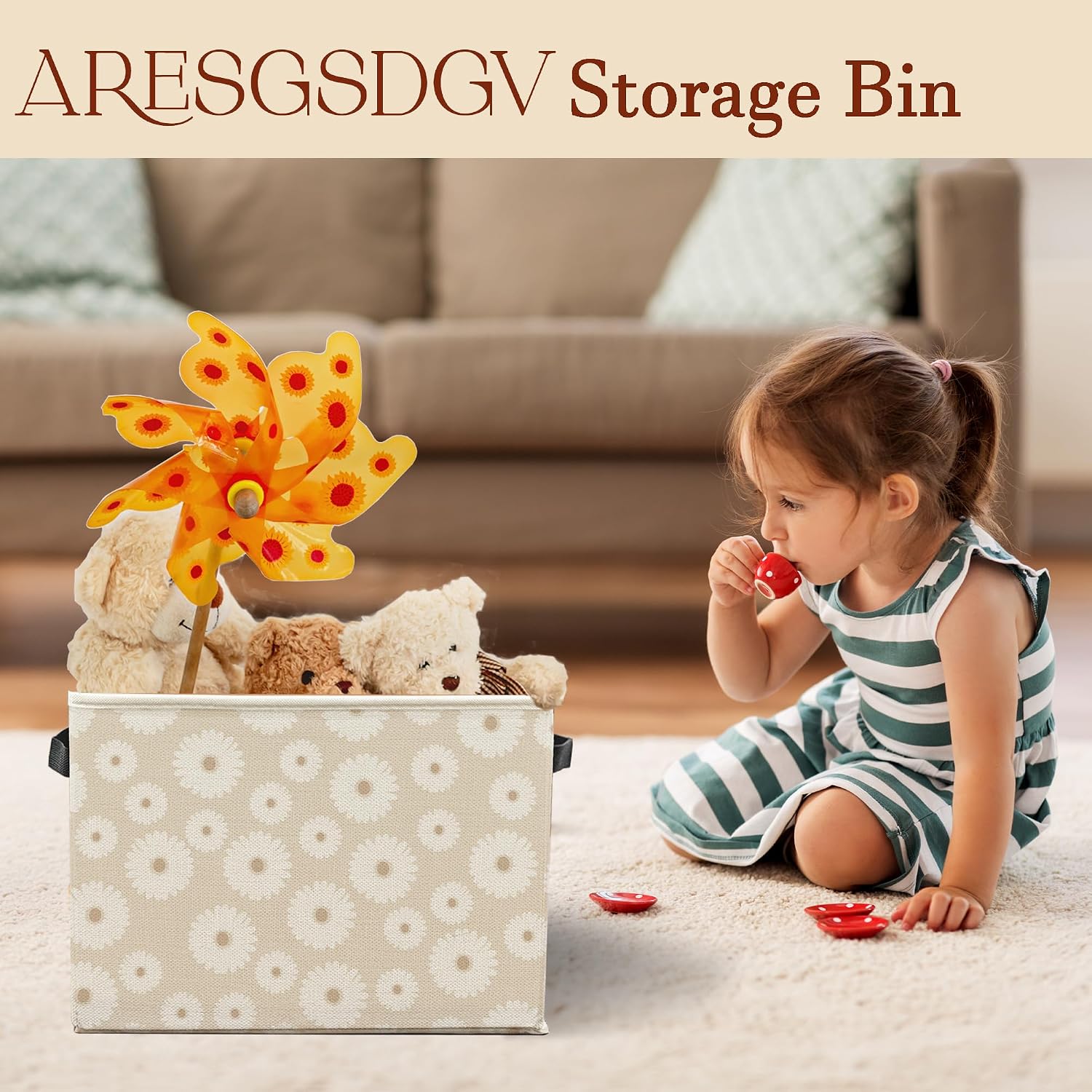 Boho Daisy Floral Storage Bin Basket, Cottagecore Flower Collapsible Laundry Baskets with Handles Organizer for Bedroom Bathroom Nursery Clothes Toys Books image 3