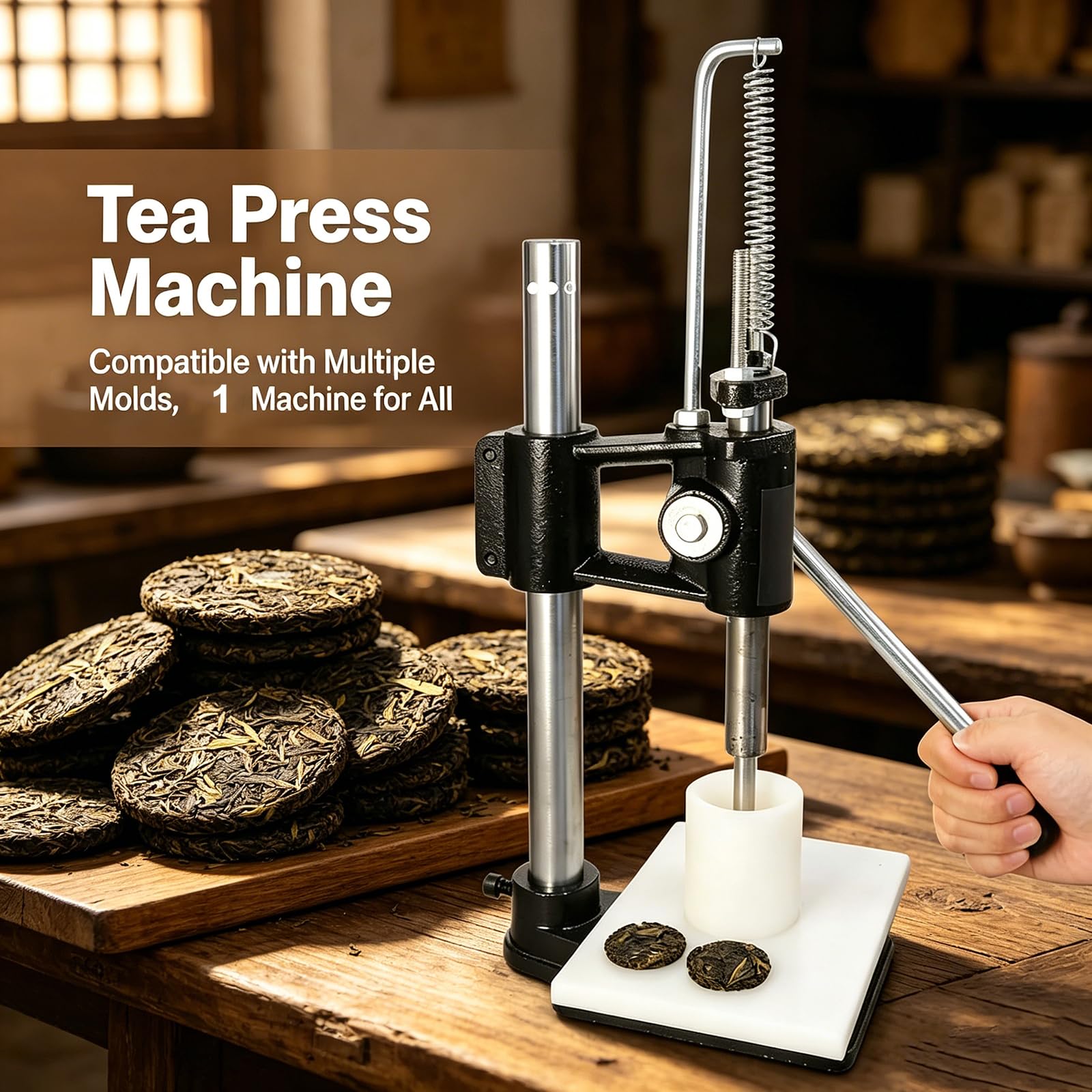 MObyat Presse À Thé Manuelle Professionnelle De 4 Cm, Outil De Pressage À Main avec Moule Et Base Robuste, Utilisation Facile en 4 Étapes, pour La Fabrication Artisanale De Gâteaux De Thé Vieillis