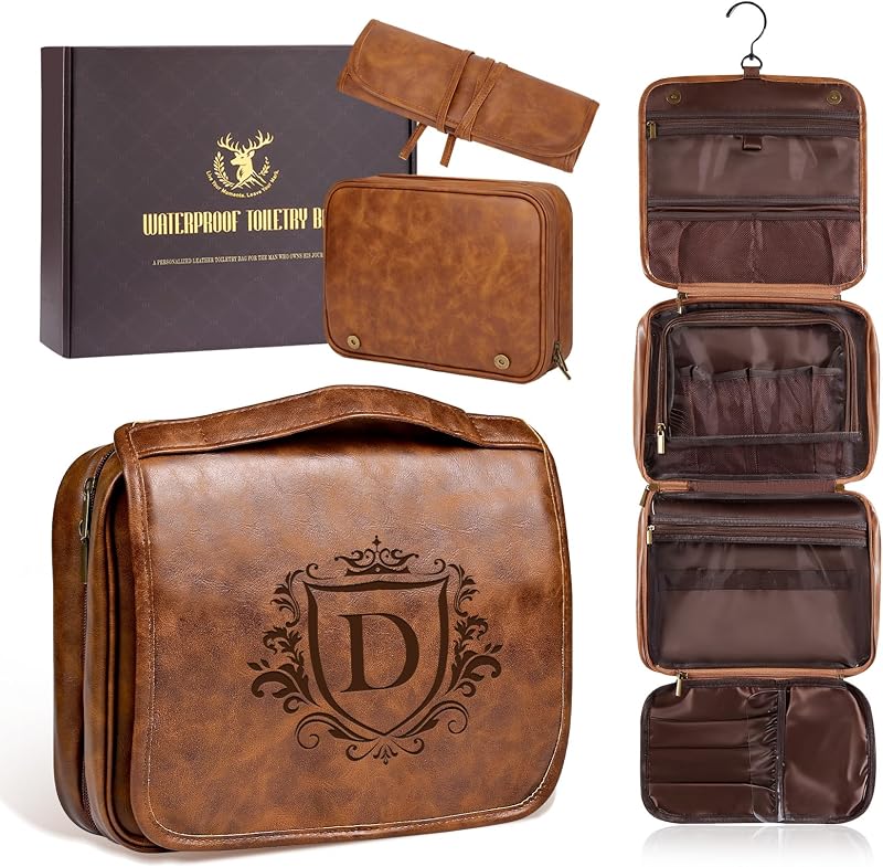 Necessaire de viagem modular Aganmi com inicial gravada a laser, 3 em 1, em couro PU, marrom-claro