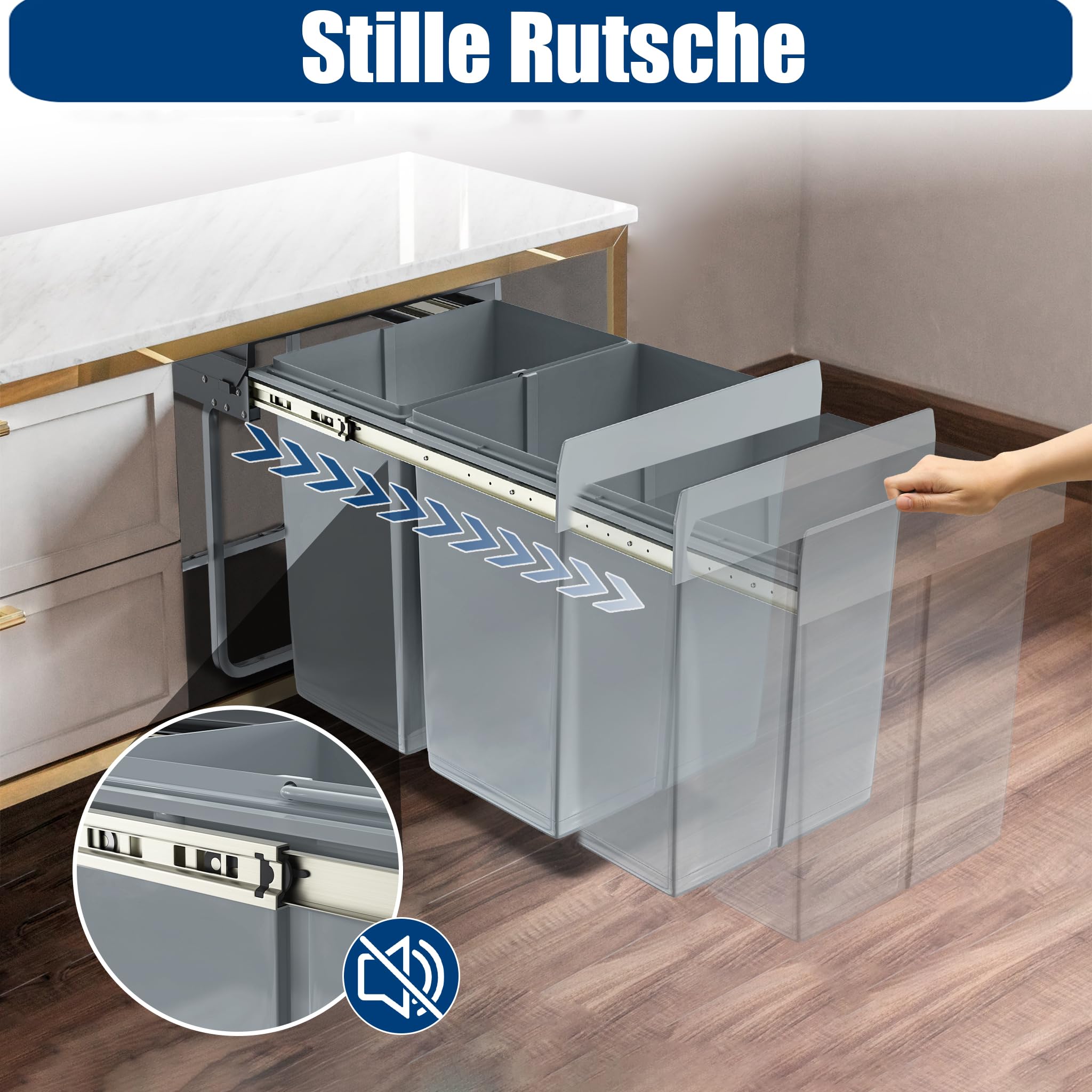 FIVMEN Einbaumülleimer Küche 3 Fächer Ausziehbar Mülleimer Abfalleimer Küche Unterschrank mit Teleskopschienen Küchenmülleimer Einbau Mülltrennsystem Grau, 1x20L+2x10L