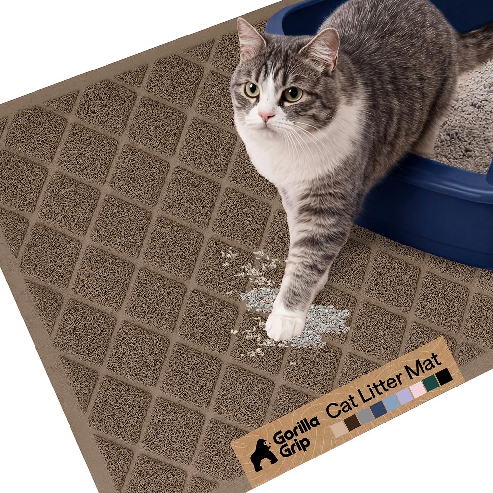 GORILLA GRIP Cat Litter Box Mat, Water Resistant, US Designed Kitty Litter Trapping Mats, Easy to Clean, Scatter Control, Less Mess and Clean Floors, Kitten Supplies for Indoor Cats, 24x17 Brown