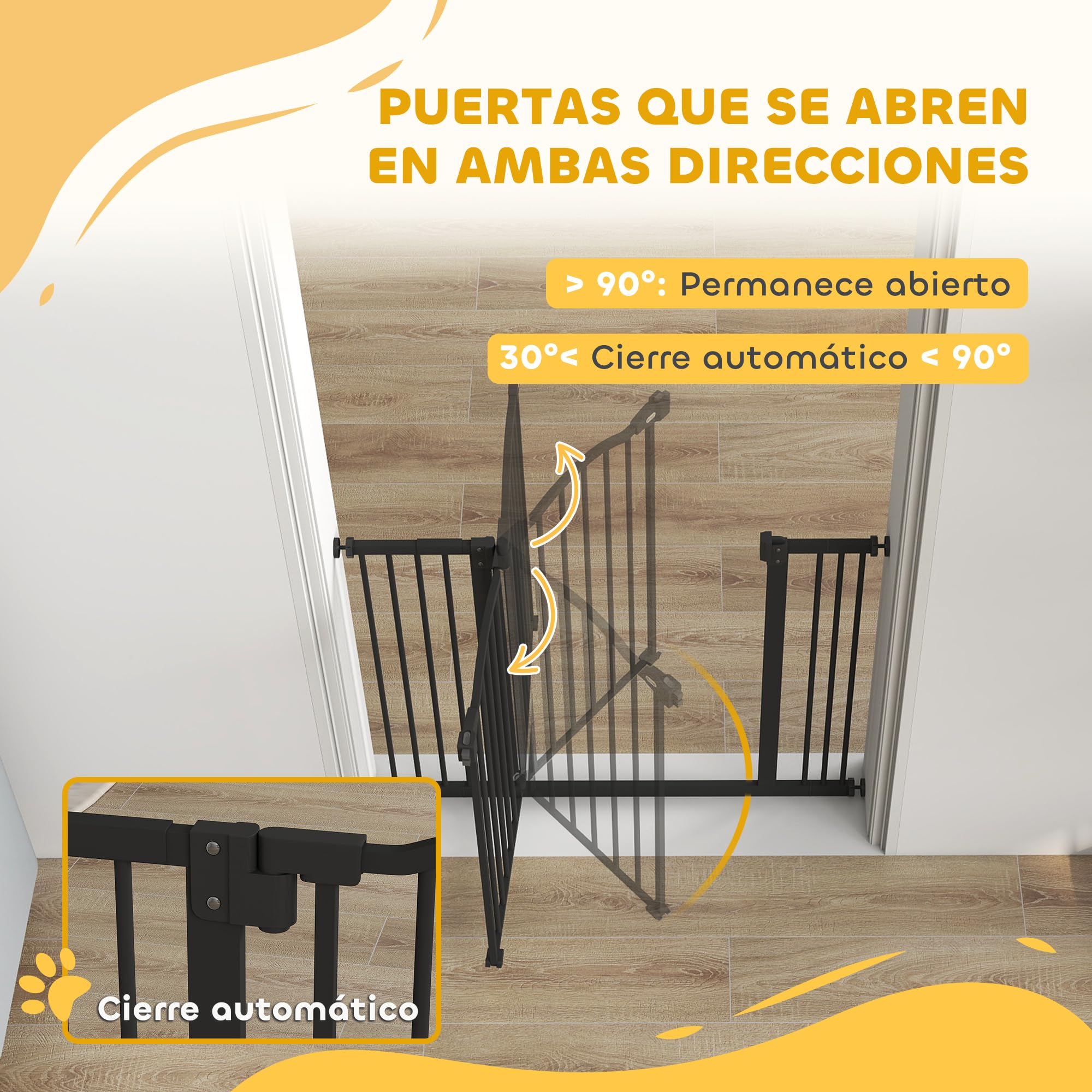PawHut Barrera de Seguridad para Perros Extensible 74-87 cm, para Puertas y Escaleras, Barrera para Perros con Extensión 7 cm, Montaje a Presión y Doble Bloqueo, Negro