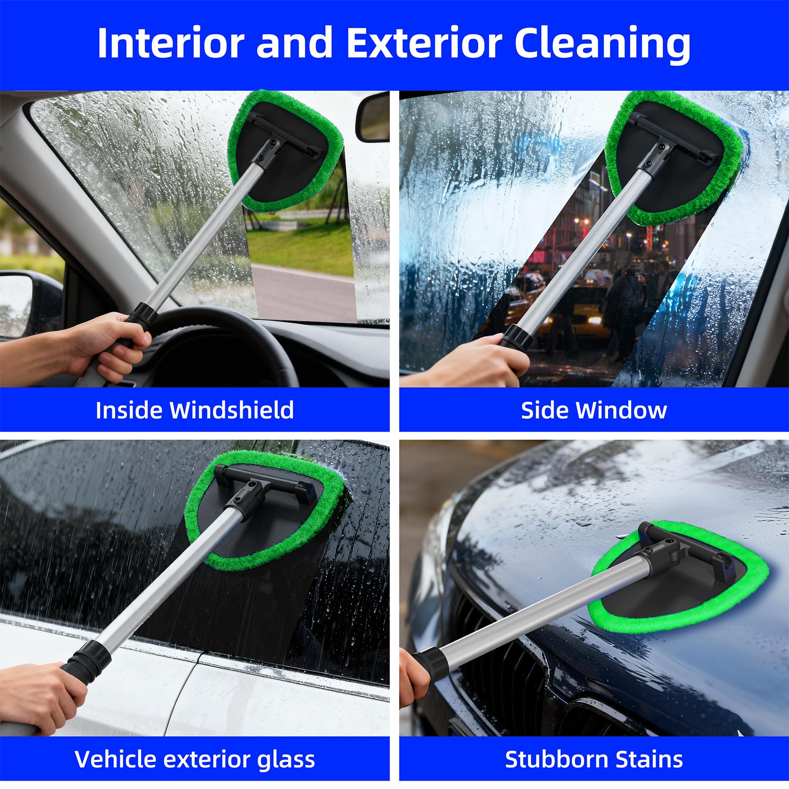Desin Windshield Cleaning Tool, Car Window Cleaner Windshield Cleaner with 4 Reusable and Washable Microfiber Pads and Extendable Handle Auto Inside Glass Wiper Kit (Green)