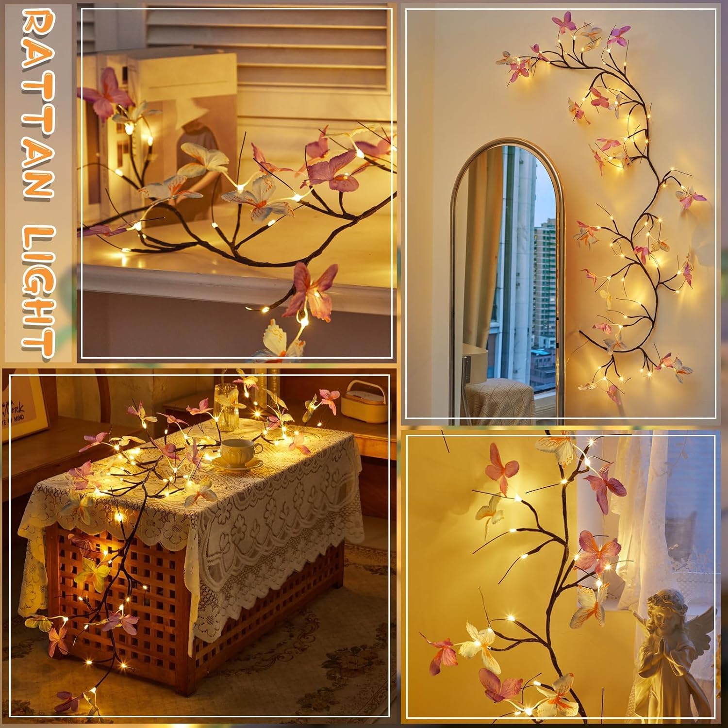 Gresoinc 230 cm 144 LED Schmetterling Blüte Baum Zweige Lichter für Wand, USB-betrieben, 8 Modi, warmweiße Lichterkette mit Fernbedienung, Timer, dimmbar, flexibel, Weidenranke, Blumenmuster