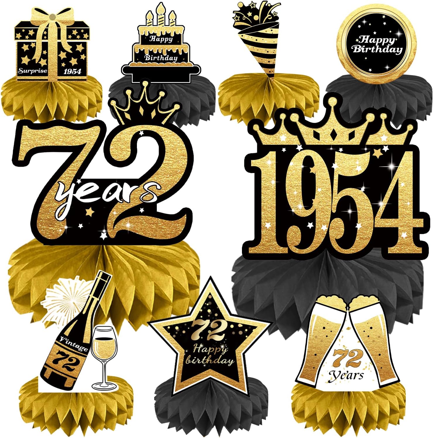 72nd Birthday Decorations Set, 1954 Table Toppers for Women Men Birthday Party Supplies, Happy 72 Year Old Table Decoration for Grandpa Grandma, 9Pcs Black & Gold Honeycomb Centerpieces