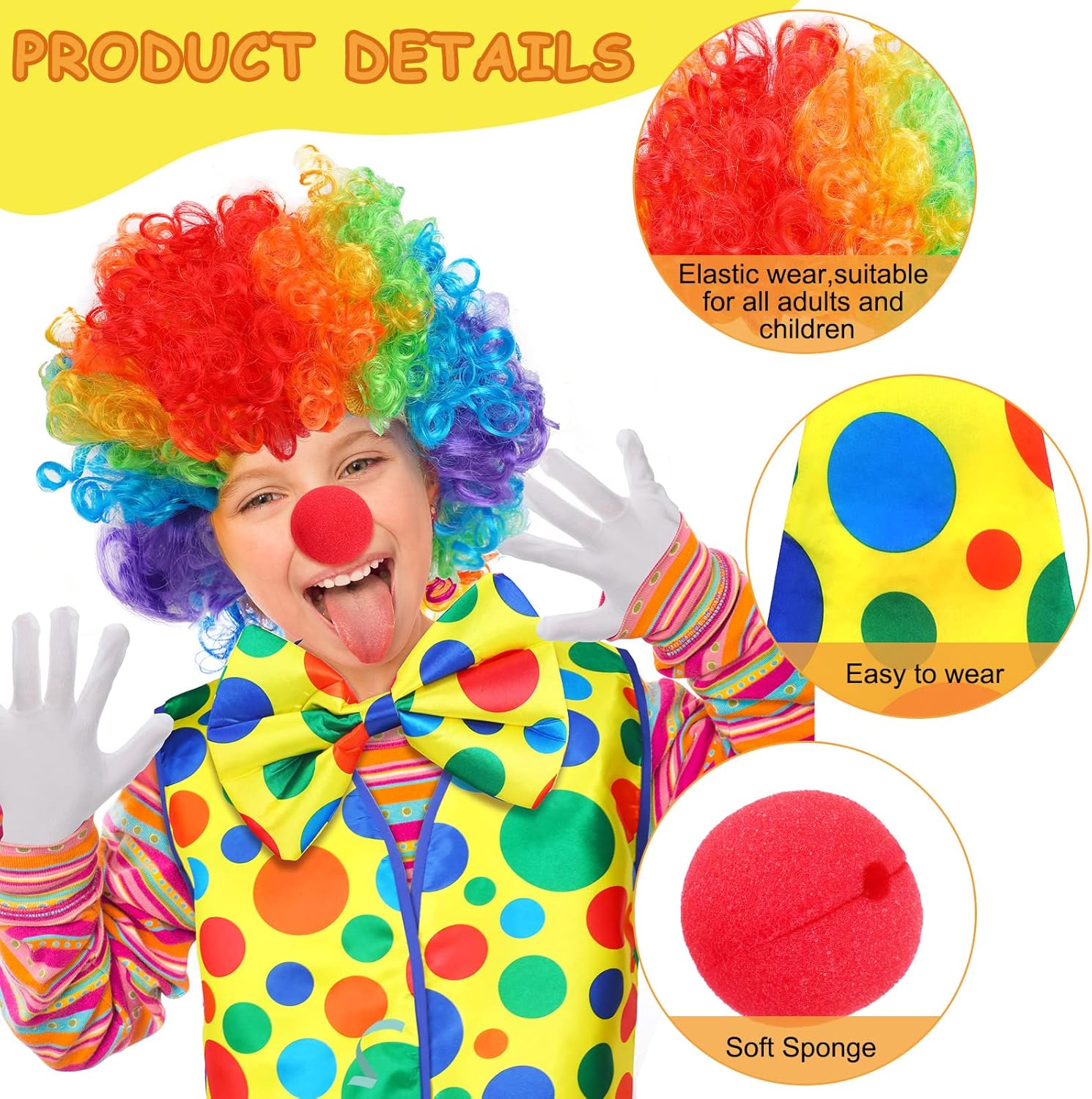 Funtery 8 Pcs Clown Costume for Women Men Circus Clown Accessories Include Wig Nose Shoes Vest Hat Bow Tie and White Gloves Halloween Cosplay Party - Image 4