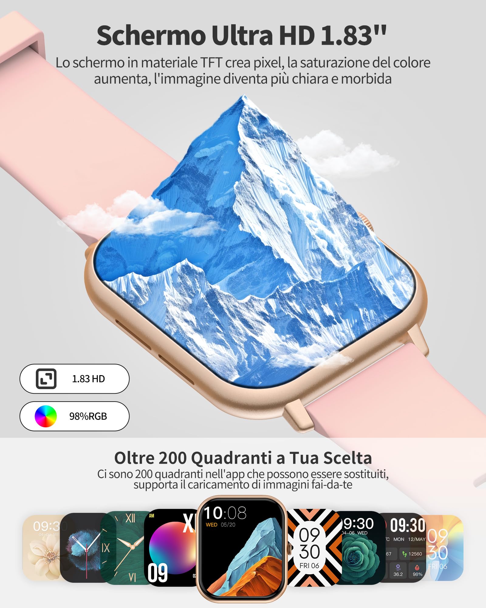 Smartwatch Donna Uomo,1.83" Orologio Smartwatch con Effettua/Risposta Chiamate, Sonno/SpO2/Cardiofrequenzimetro/Contapassi, 110+ Modalità Sportive, IP68 Impermeabile Fitness Tracker per iPhone&Android