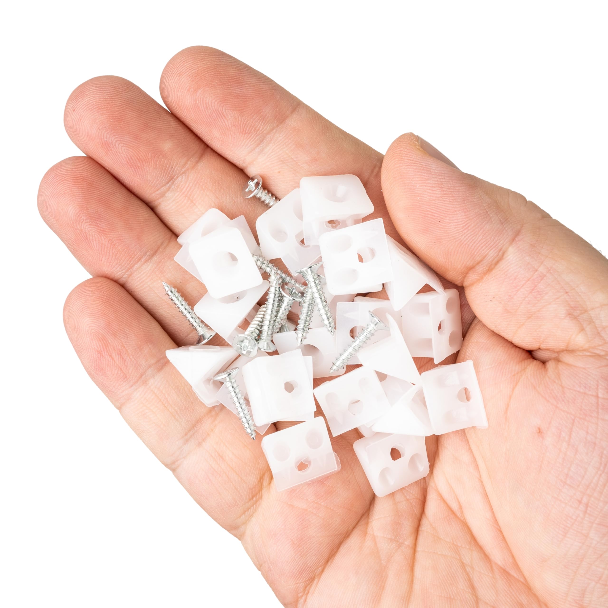 Cunei per mobili per fondi di cassetti e schienali di armadi, 30 cunei, incl. viti per legno M2 x 16 mm, in bianco, in plastica, angolare a L 14 x 9 mm, connettore per pannello posteriore dell'armadio