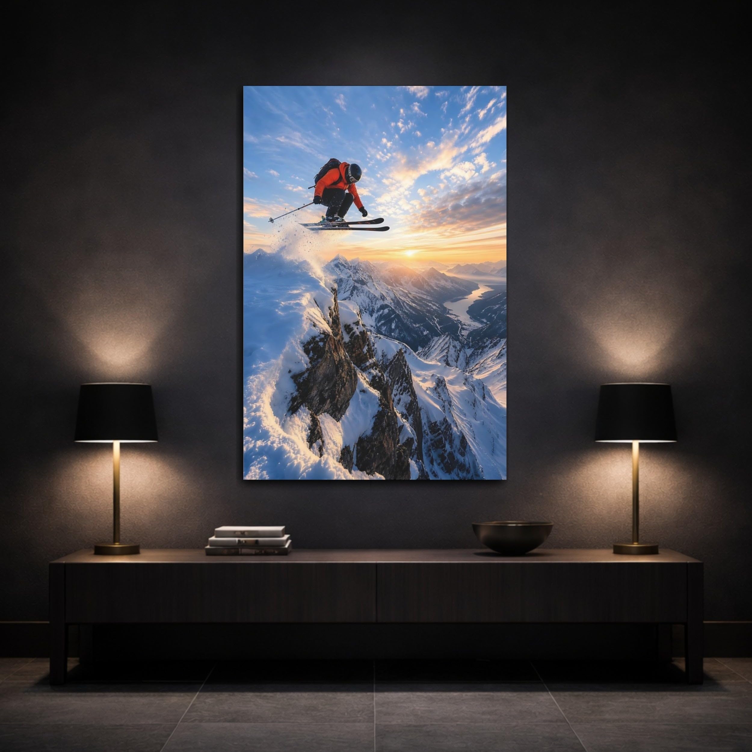 Sports Skier Orange And Blue Canvas Print – Living Room, Above Fireplace 32×48 inch (80×120 cm) - Vertical / 1.25 inch (3 cm)