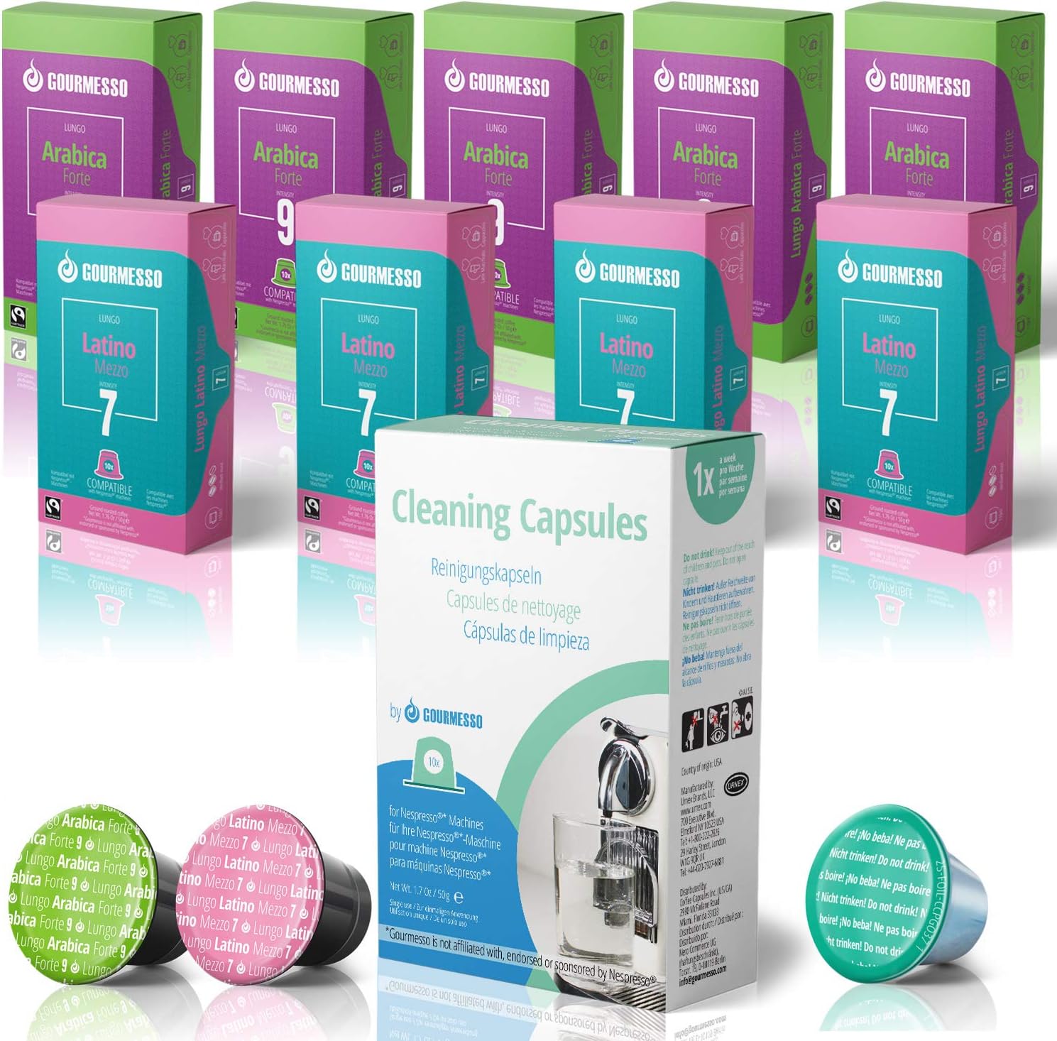 Gourmesso Lungo Bundle – 90 Nespresso* Compatible Coffee Capsules + 10 Cleaning Capsules – 100% Fair Trade Coffee – Lungo Espresso Capsules Variety Pack | Great Crema, Delicious Taste