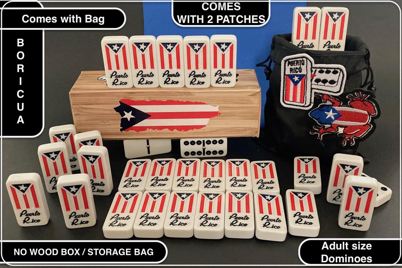 Juego de bolsas de dominó de Puerto Rico Juego de Dominó Azulejos Boricua PR Puerto Rico Domino Conjunto Clásico Doble Seis Domino Tamaño Adulto Debe Tener Familia (Viene con bolsa de viaje) sin caja 3