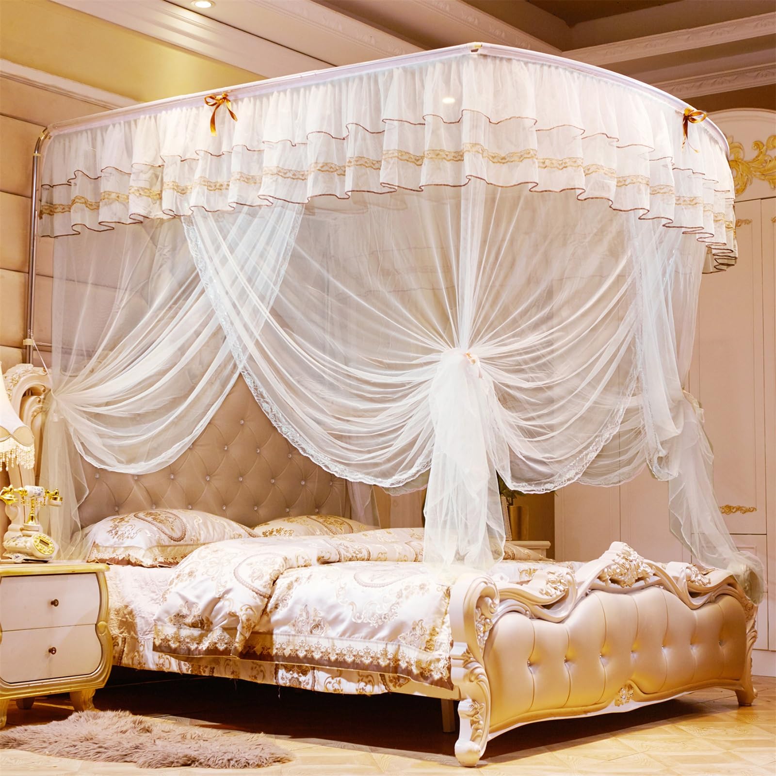 SARKEY U-Shaped Rail Bed Canopy Curtain,Three-Opening Lace Princess Canopys(WH,180x220x200cm(71"x87"x79"))