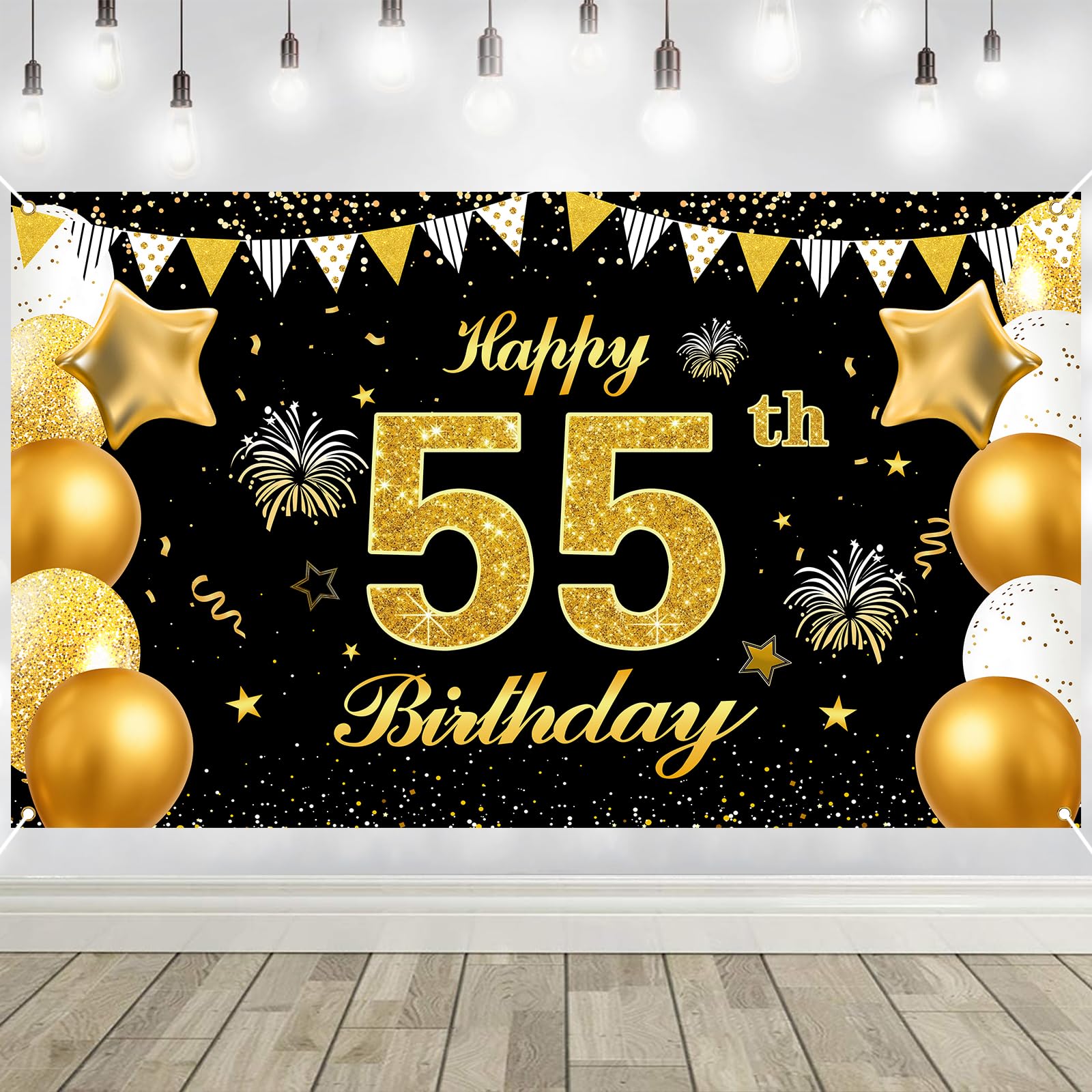 55th Birthday Decorations Banner Gold Black Happy Birthday Door Banner for Party Photo Backdrop for Men Women Home Outdoor Cover Party Decoration Supplies Poster