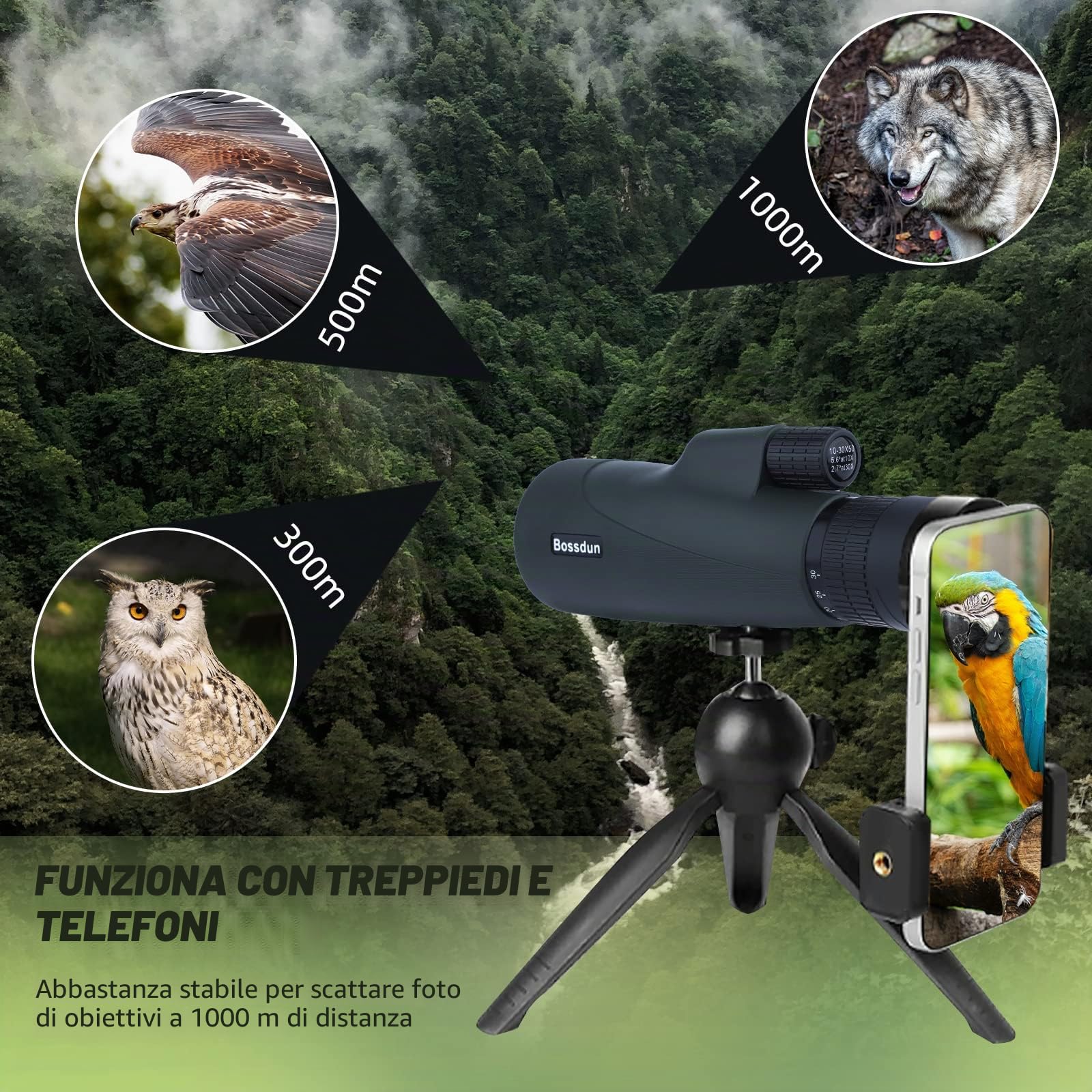 Telescopio Monoculare 10-30x50, Monocolo Palmare Outdoor con Prisma BAK4 IPX7 Impermeabile Telescopio Zoom Leggero per Partita di Calcio, Caccia, Escursione, Uccello, Adulti Verde