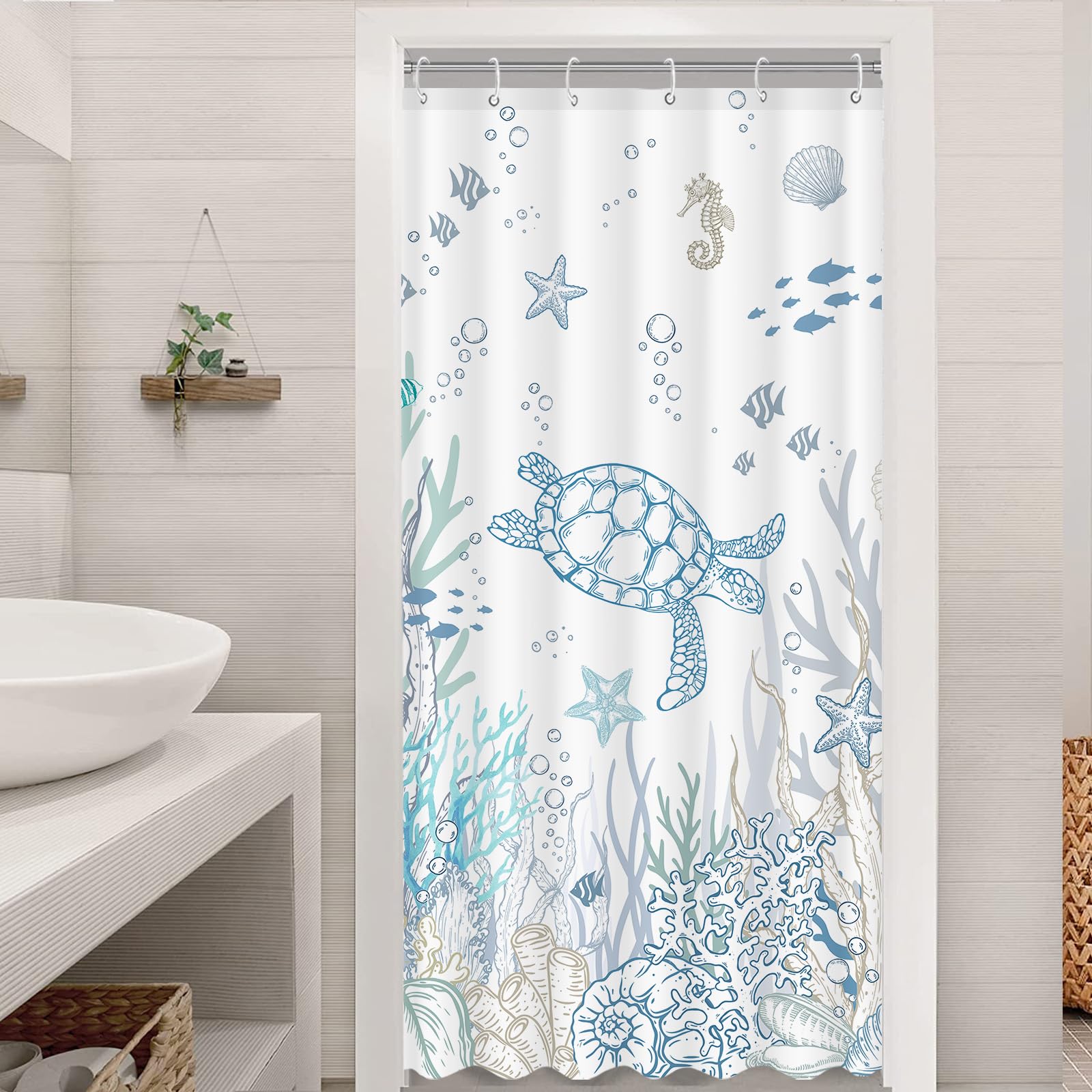 LifeellaNautical Coastal Turtle Shower Curtain, Coral Starfish Seashell Ocean Themed Bathroom Curtain, Underwater Seahorse Bathroom Decor Blue Hookless 36 x 72 inch