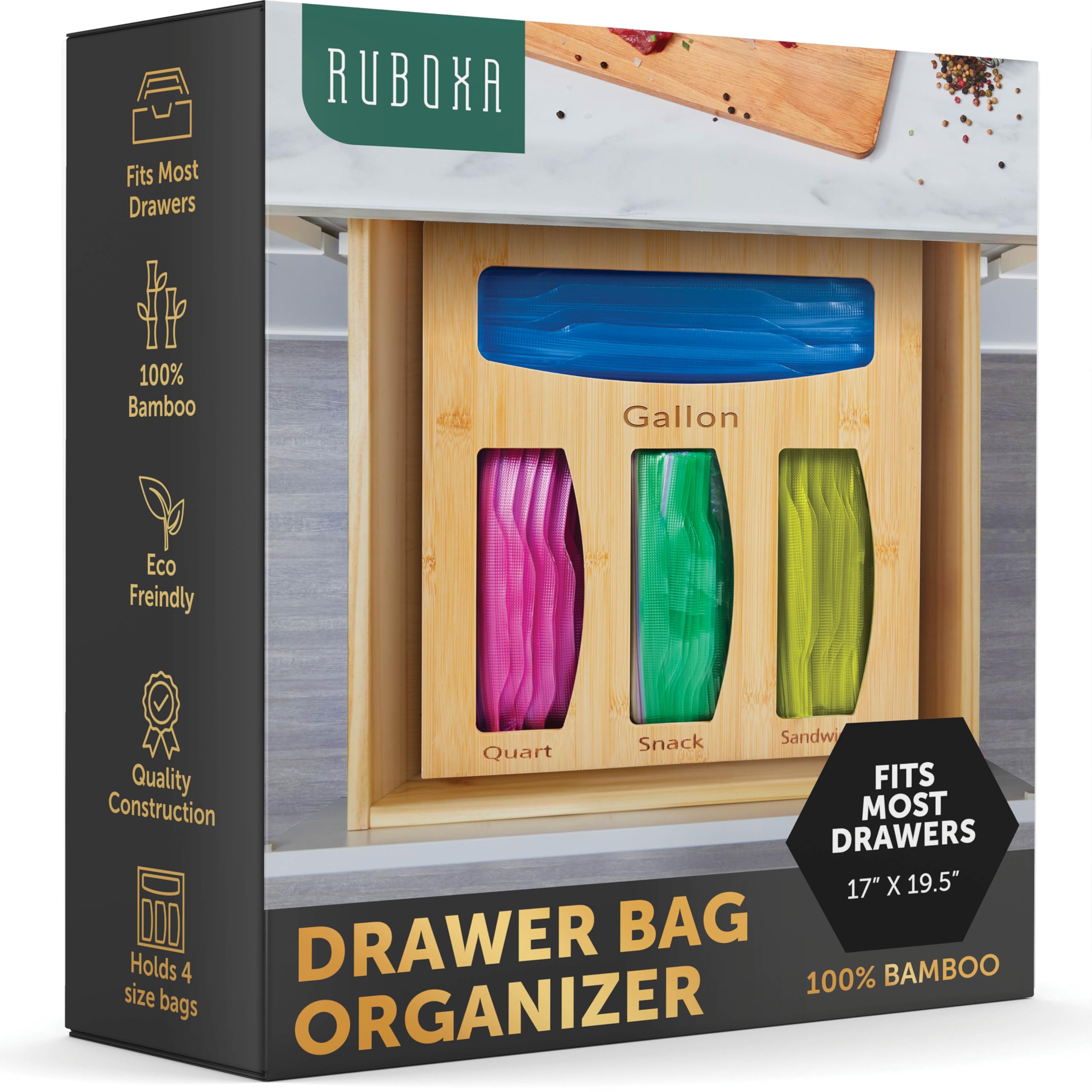 Bamboo Ziplock Bag Organizer for Storage and Organization For Bags - Modern Plastic bag Organizer with Labels for Quart Gallon Snack Sandwich Bag Organizer Fits in a Drawer or Mounted on the Wall