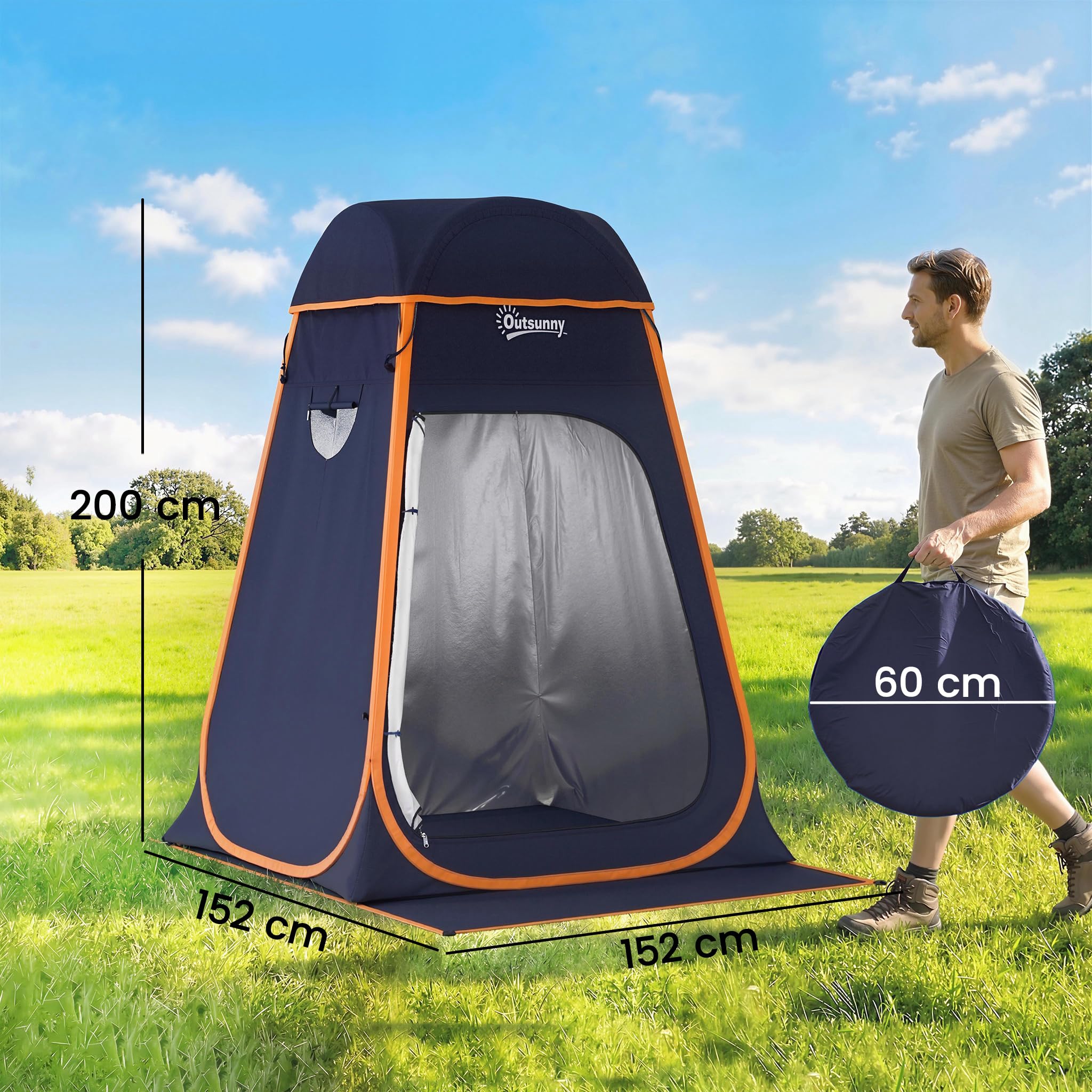 Outsunny Tenda Doccia da Campeggio Pop-Up, Impermeabile 2000mm e UPF30+ con Tetto Rimovibile, Finestre Avvolgibili, Tasche, Borsa da Trasporto, Spogliatoio Portatile per Spiaggia Campeggio, Blu Scuro