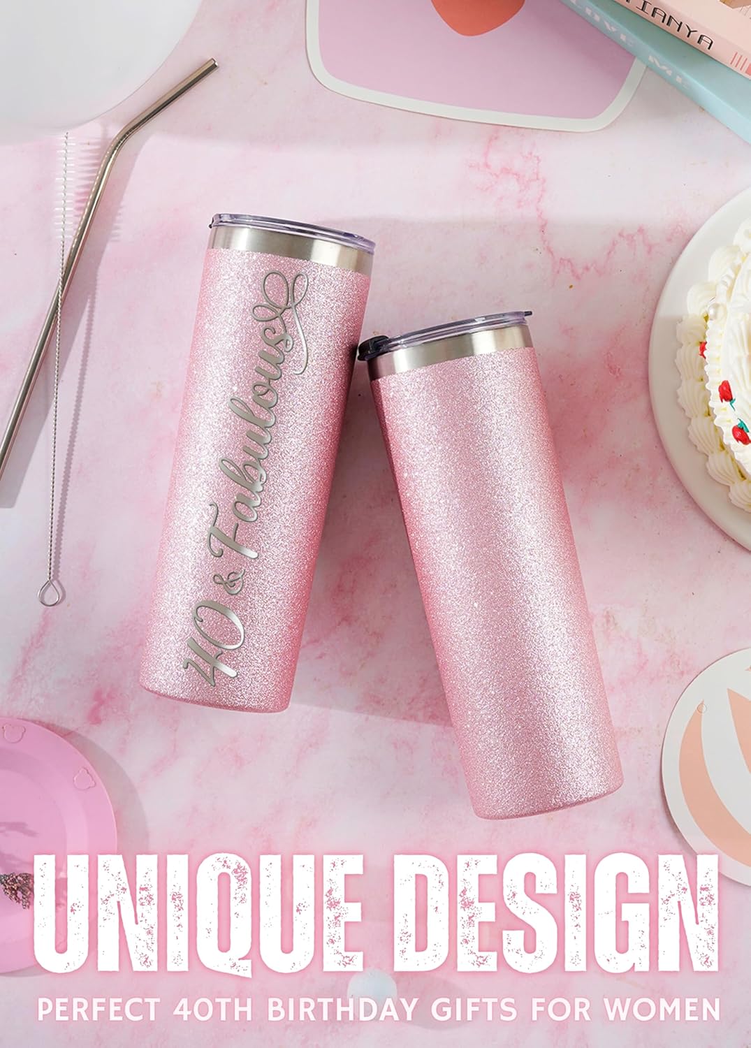 Onebttl 40th Birthday Gifts for Women, Female, Her - 40 and Fabulous - 20oz/590ml Stainless Steel Insulated Glitter Tumbler with Straw, Lid, Message Card - (Rose Gold) - Image 2