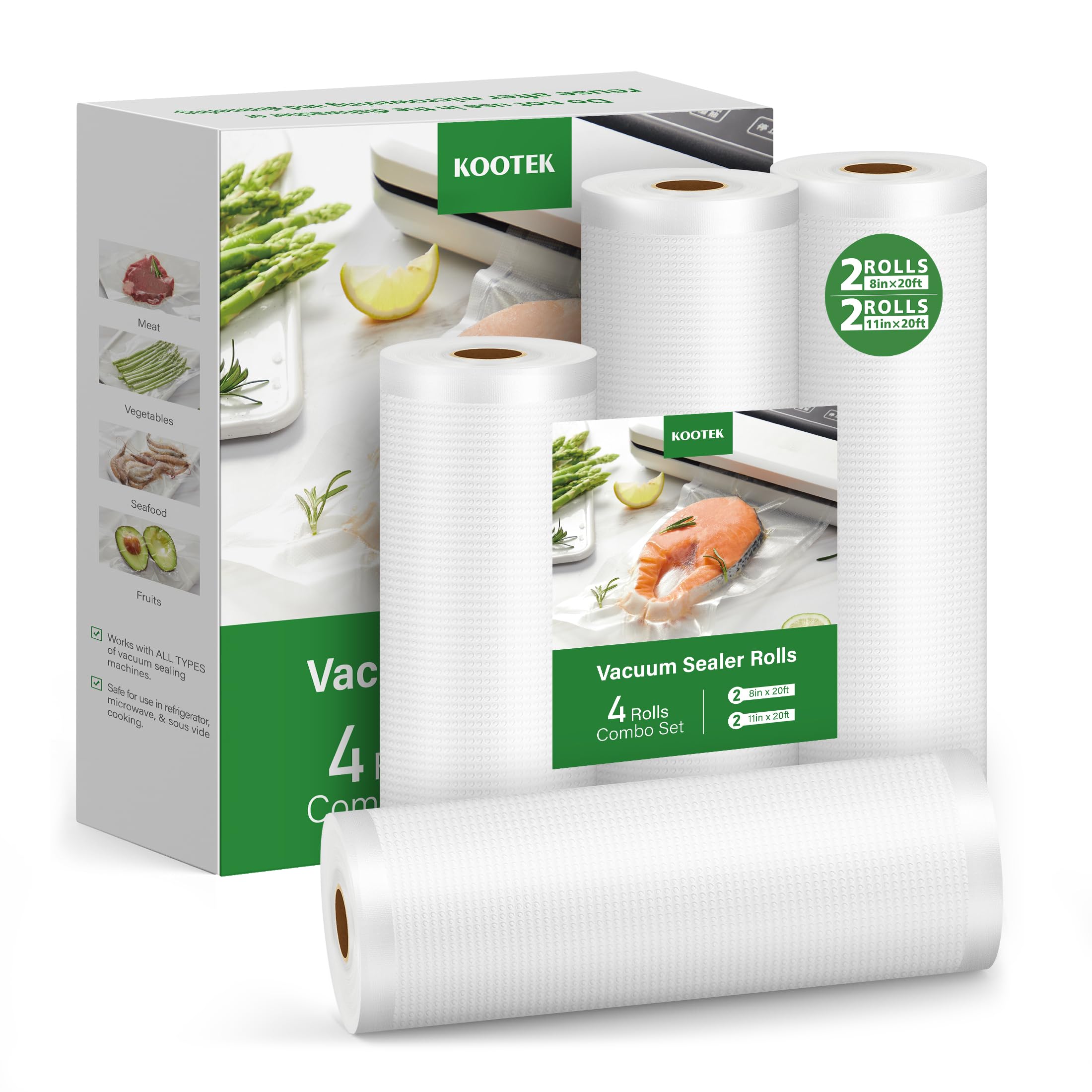 Kootek Vacuum Sealer Bags for Food, 4 Rolls for Custom Fit Food Storage, Meal Prep or Sous Vide, 8" x 20' (2 Rolls) and 11"x 20' (2 Rolls) Commercial Grade Vacuum Seal Freezer Bags Rolls