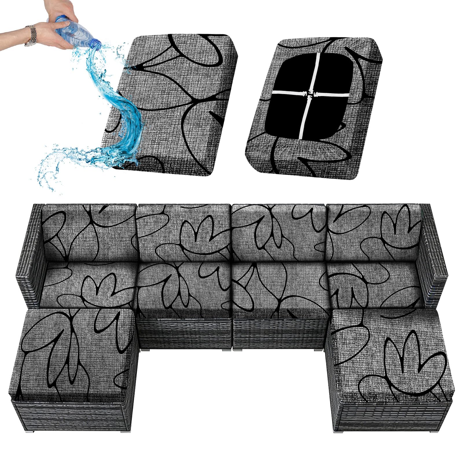 Sfcover 1/2/4/6 Pack Outdoor Sofa Cushion Covers Waterproof Stretch Garden Furniture Seat Back Cover Patio Upholstery Silpcover Replacement Set for Rattan with 4 Adjustable Laces (grey line,1)