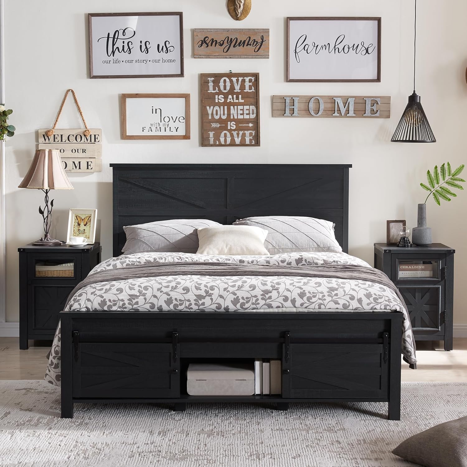 JXQTLINGMU 3 Pieces Farmhouse Bedroom Set-Queen Size Bed with 2 Nightstands of Sliding Barn Door Storage Cabinets, Solid Wood Slats Support, Noiseless, No Box Spring Needed, Black