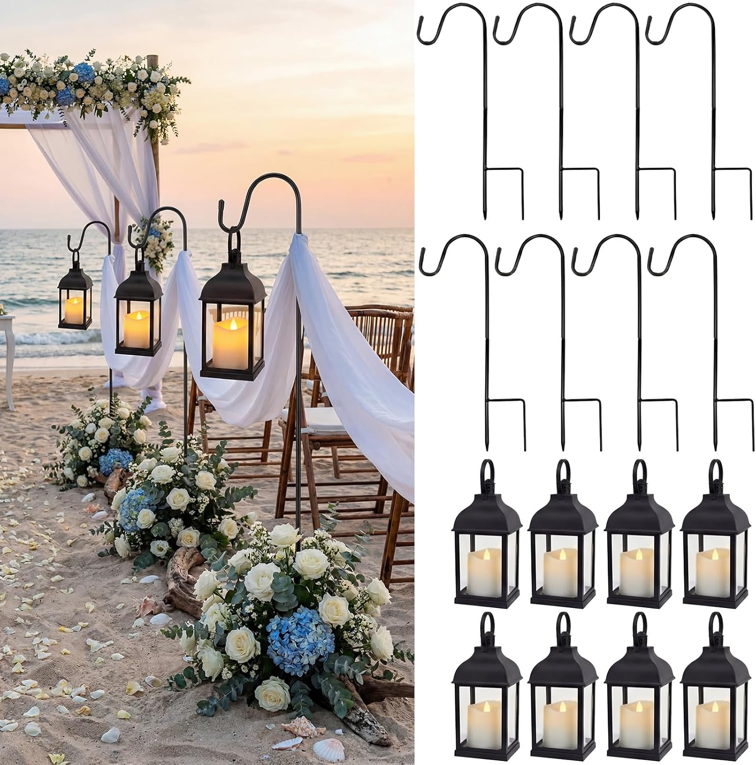 Novabright 8 Sets Wedding Lantern Aisle Decoration Including 8 Pcs White Lantern with LED Candle and 8 Pcs 32'' High Shepherds Hooks for Outdoor Wedding Weddings Holiday Decoration