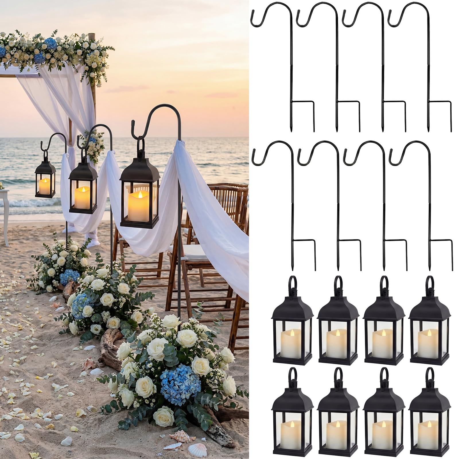 Novabright 8 zestawów lampionów ślubnych do dekoracji korytarzy, w tym 8 szt. czarnych lampionów ze świecą LED i 8 haczykami o wysokości 32 cm do dekoracji ślubnych na świeżym powietrzu