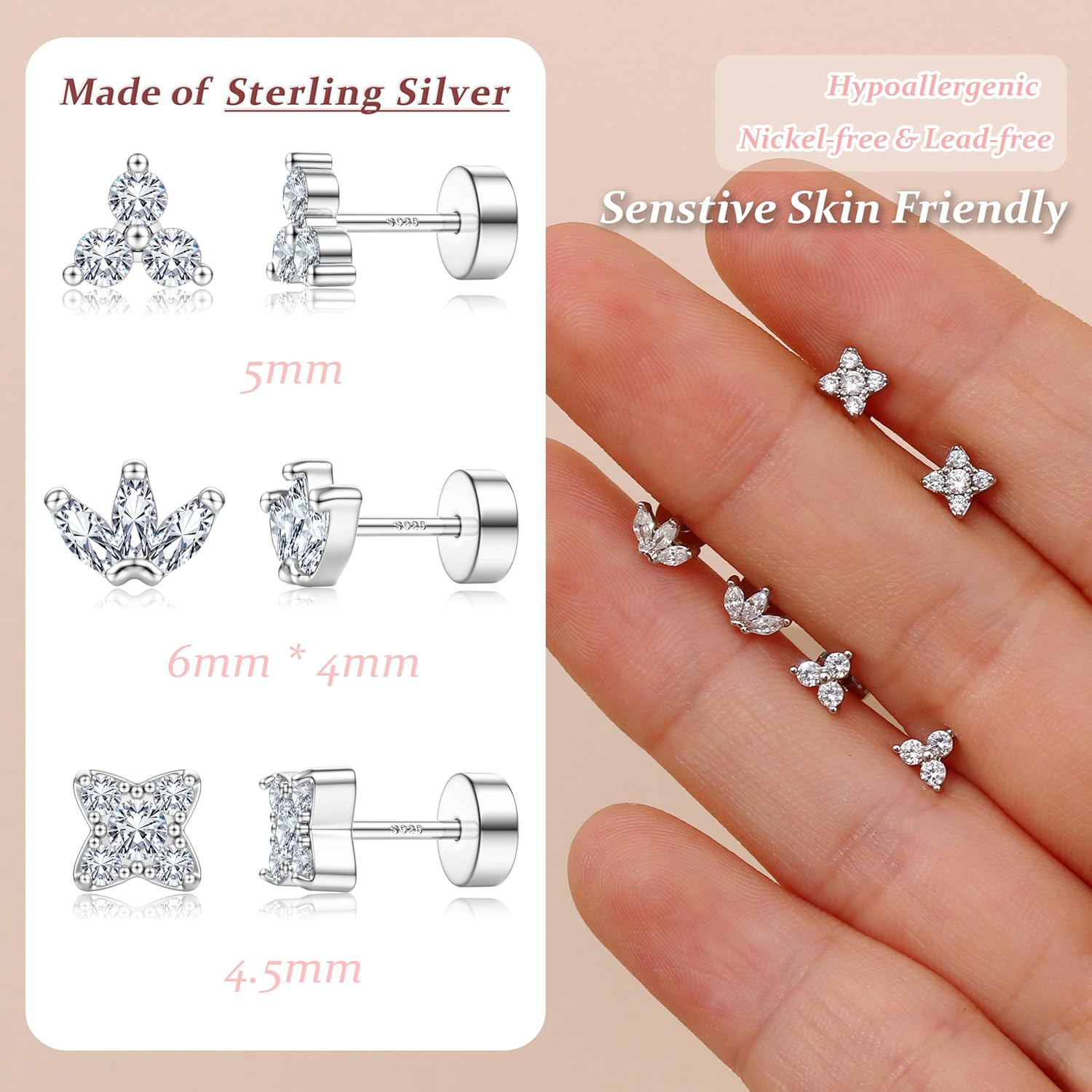 KRFY Flat Back Stud Earrings for Women - S925 Sterling Silver Post Cartilage Helix Piercing Jewelry 14K Gold Plated Silver - Image 6