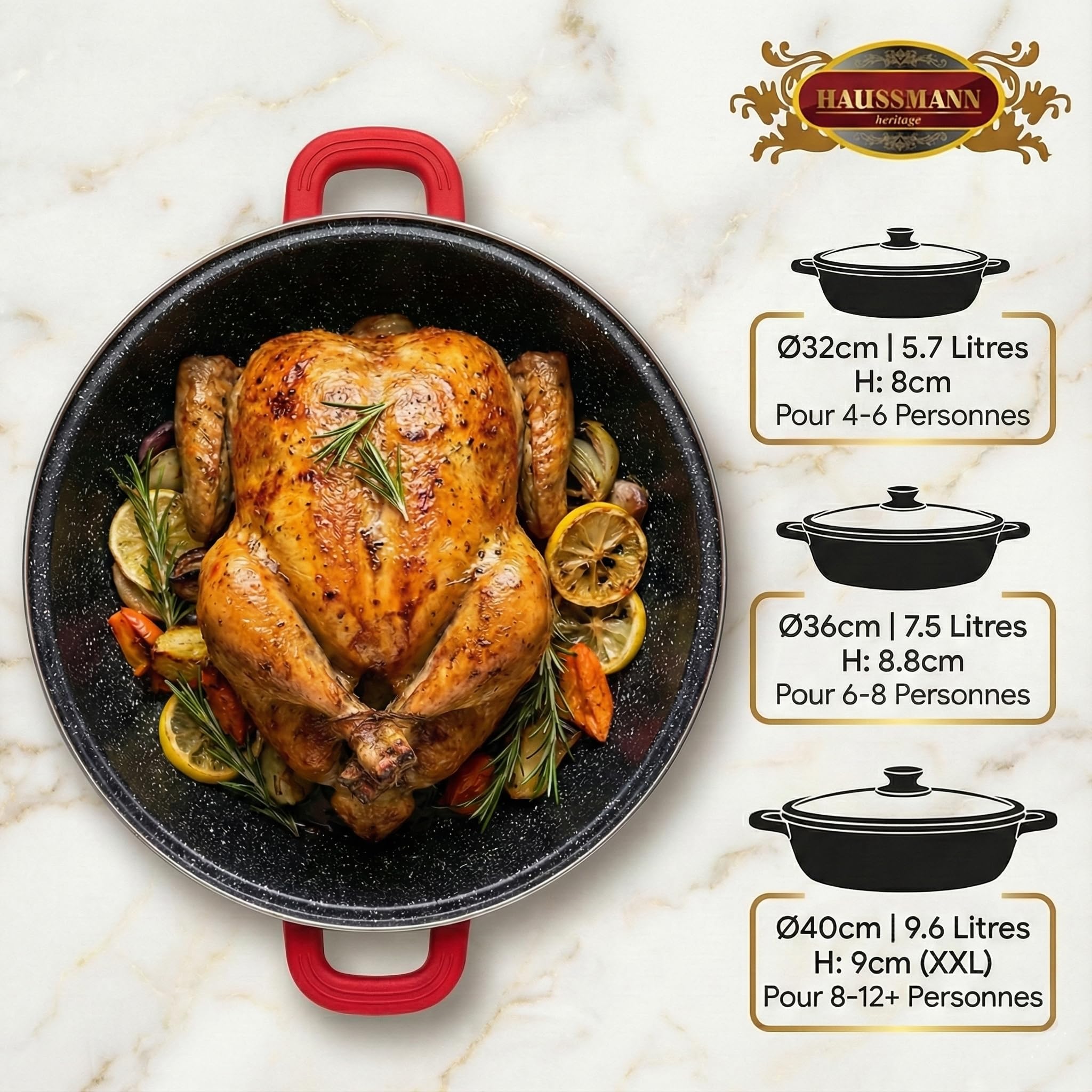 Haussmann Héritage Sauteuse Façon Pierre avec Couvercle Verre – Fonte d'Aluminium Induction & Four (260°C) – Poignées Silicone Isolantes – Grande Capacité pour Cuisine Familiale (40cm/9cm/10L)