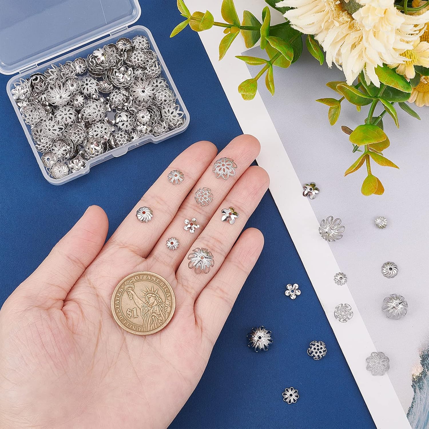 PH PandaHall Flower Bead Cap, 240pcs 8 Styles Stainless Steel Bead Cap Bails End Charm Caps Filigree End Caps Muiti-Petal Bead Caps Spacer Beads for Earrings Bracelets Necklaces Jewelry DIY Craft - Image 7