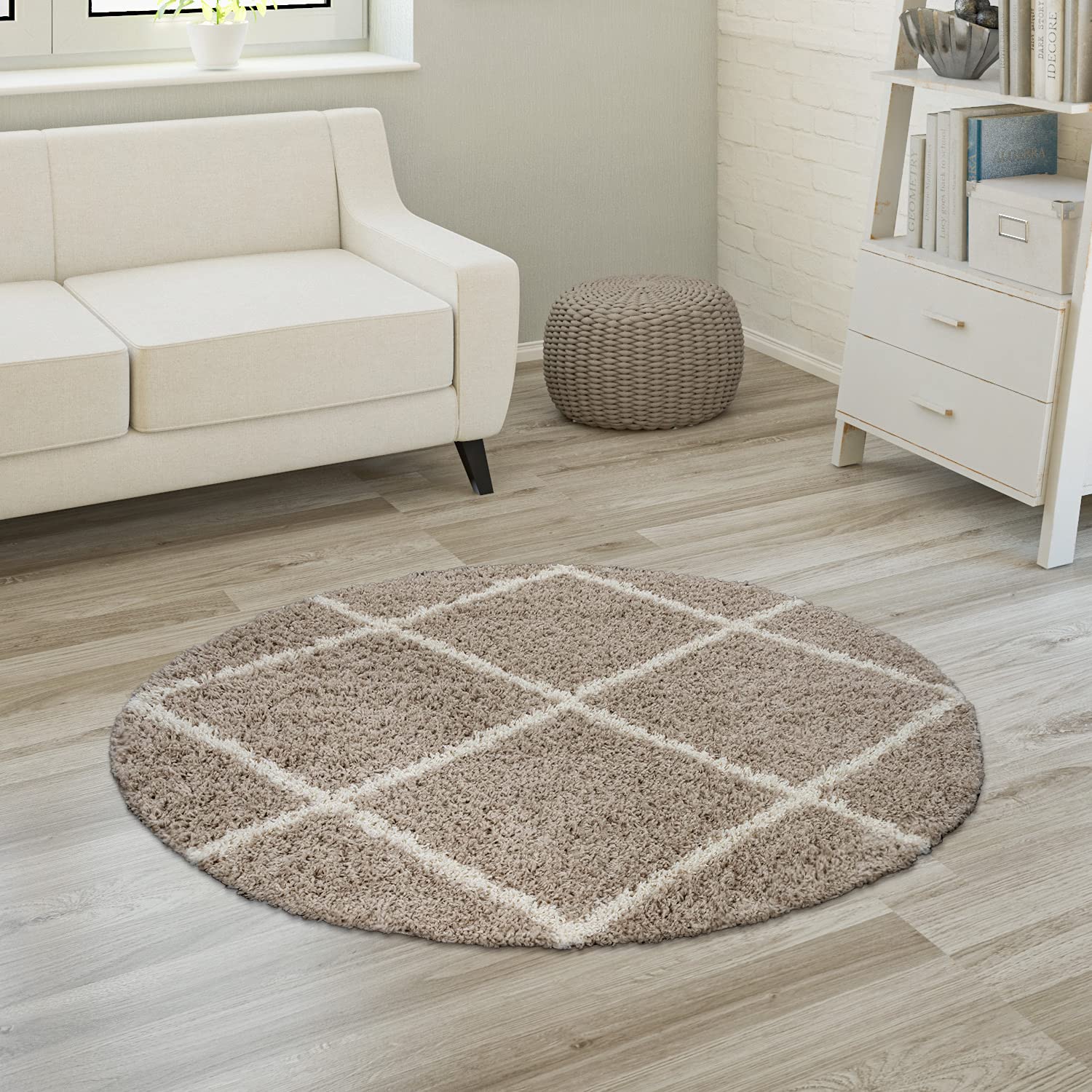 Paco Home Alfombra De Pelo Largo, Suave Salón Shaggy Estilo Escandinavo Motivo De Rombos, tamaño:Ø 120 cm Redondo, Color:Beige OEKO-TEX STANDARD 100