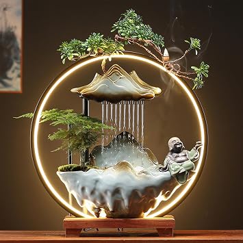 Buddha Fountain Indoor Tabletop Water Fountain Indoor Waterfall with LED Light Pump Mist Incense Burner Waterfall Zen Decor for Meditation Relaxation, Purification, Meditation, Yoga Gift 01