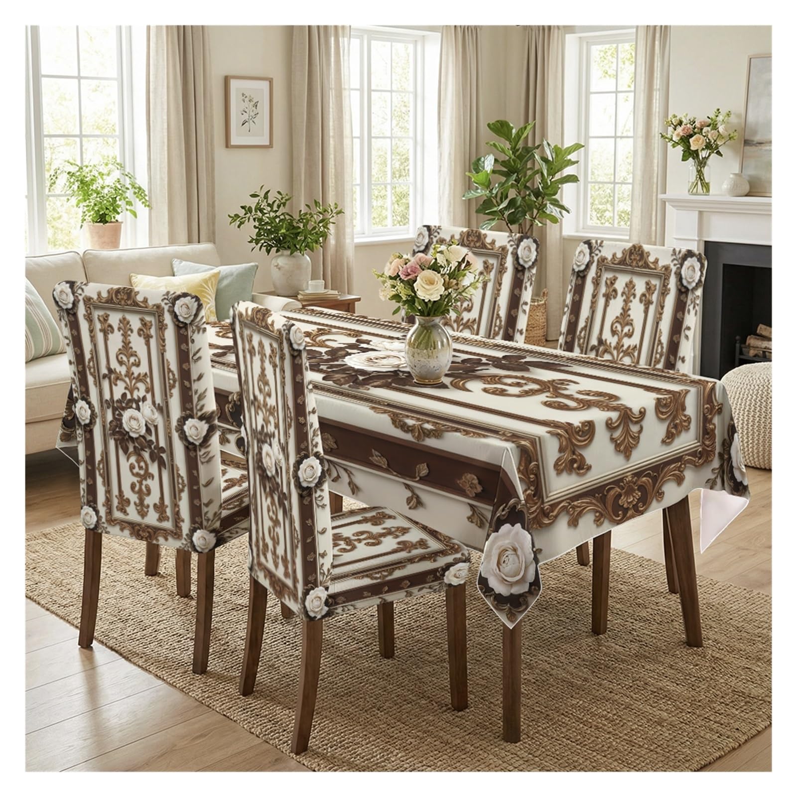 KXUAUV Cream Gold Baroque Rose Print Tablecloth & Chair Covers Set, Stretch Slipcovers For Wedding, Banquet & Formal Dining Decor, 5/7 Pack Party Decor(5pcs Set: Tablecloth+Chair Covers)