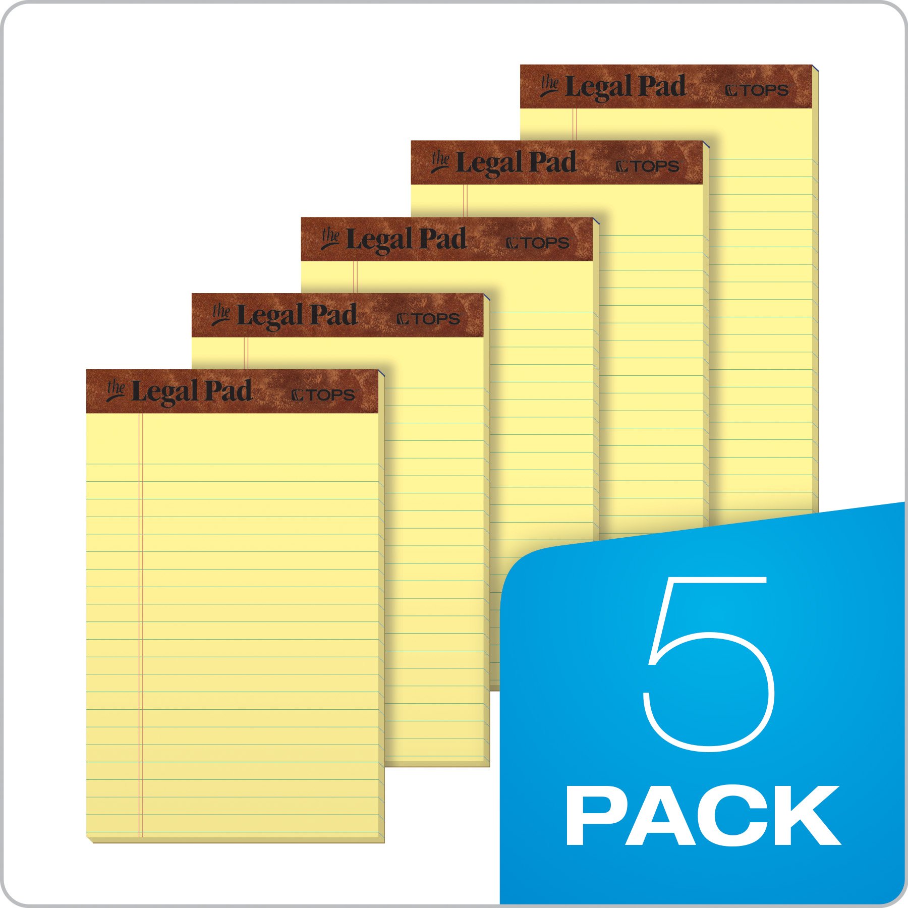 TOPS The Legal Pad Legal Pad, 5 x 8 Inches, Perforated, Canary, Narrow Rule, 50 Sheets per Pad, 5 Pads per Pack (75017)