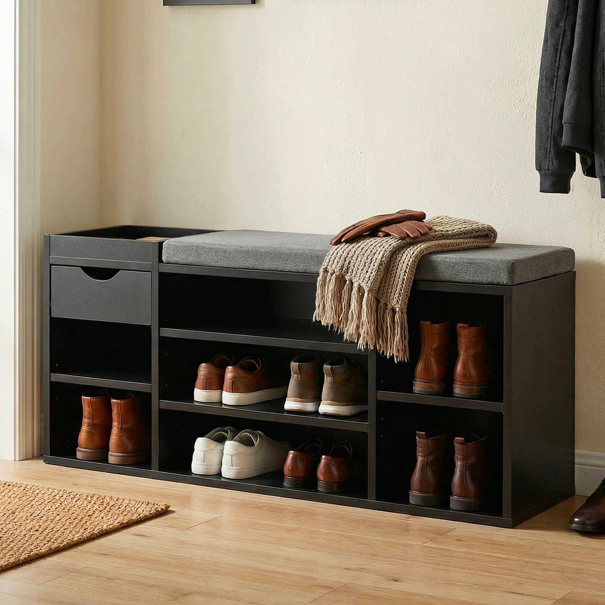 FineBuy Ławka na Buty 100x30x45 cm Czarna Szuflada i Poduszką na Siedzisko