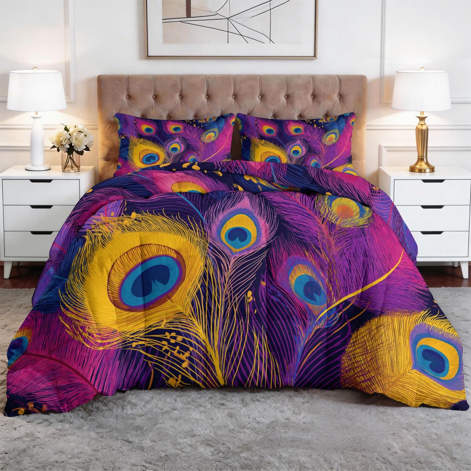 Générique Piumino trapuntato stampato a 4 stagioni, motivo: pavone, piume, 140 x 200 cm, morbido, leggero e caldo, senza copripiumino per 1 persone, Edredon reversibile, per letto matrimoniale e