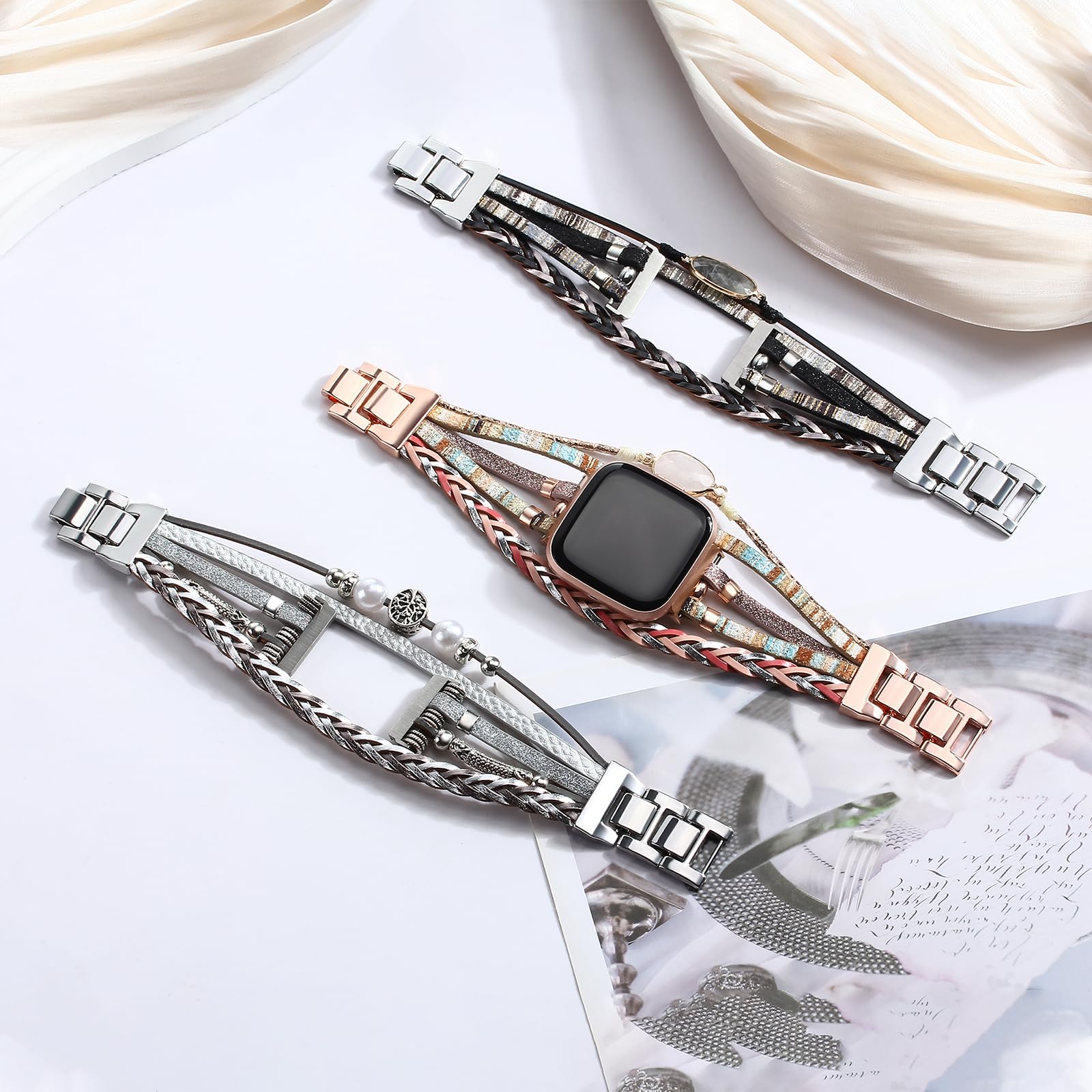 Posh Leather Band Compatible with Fitbit Versa 3&4 Bands/Fitbit Sense/Sense 2 Women, Multilayer Boho Wrap Bracelet Wristband Handmade Replacement Strap for Fitbit Smartwatch