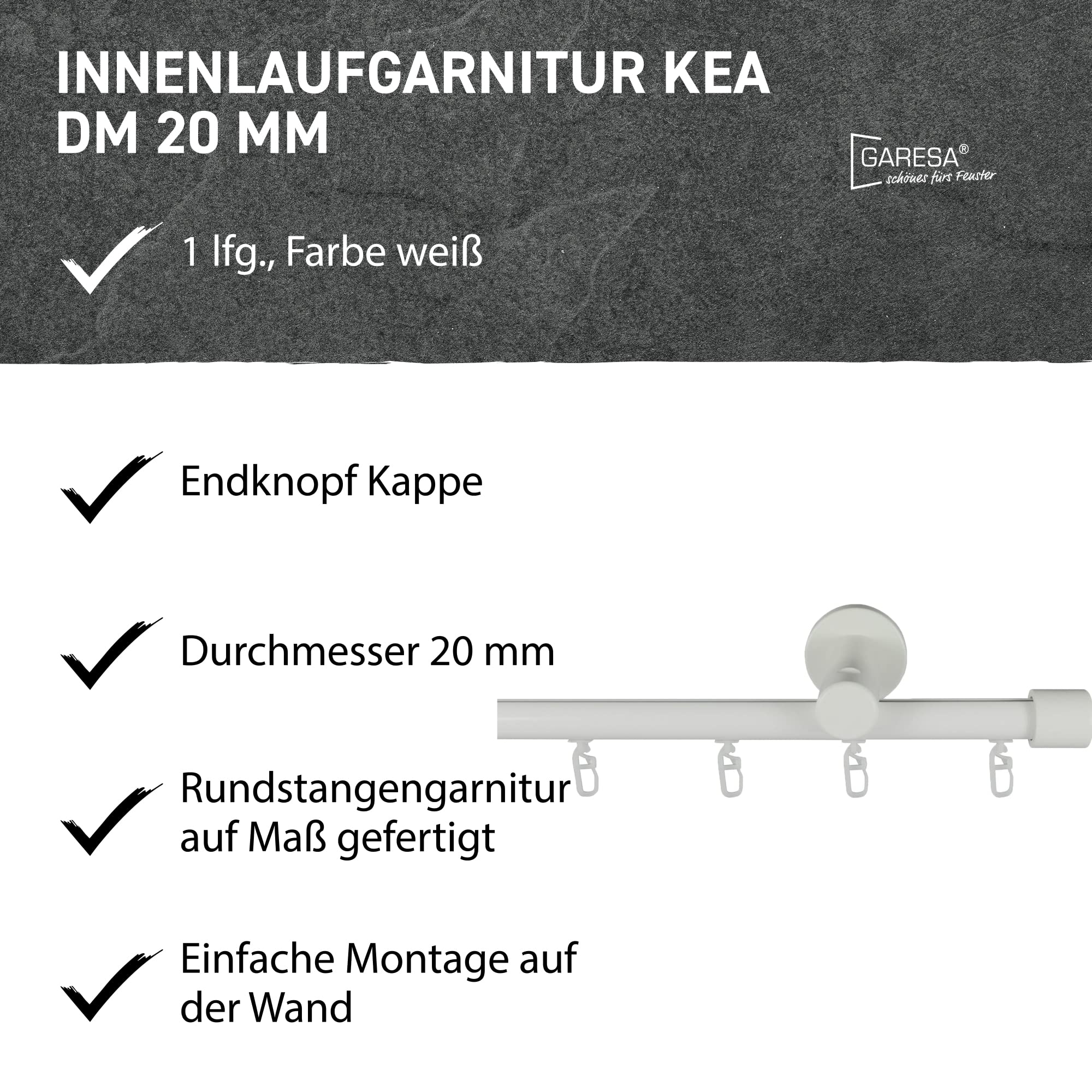 Garesa Gardinenstange Kea Ø 20mm, 1-läufig, Weiß I Aluminium Vorhangstange inkl. Gleiter I Endknopf Kappe aus Holz I Für mittelschwere Vorhänge I 230cm