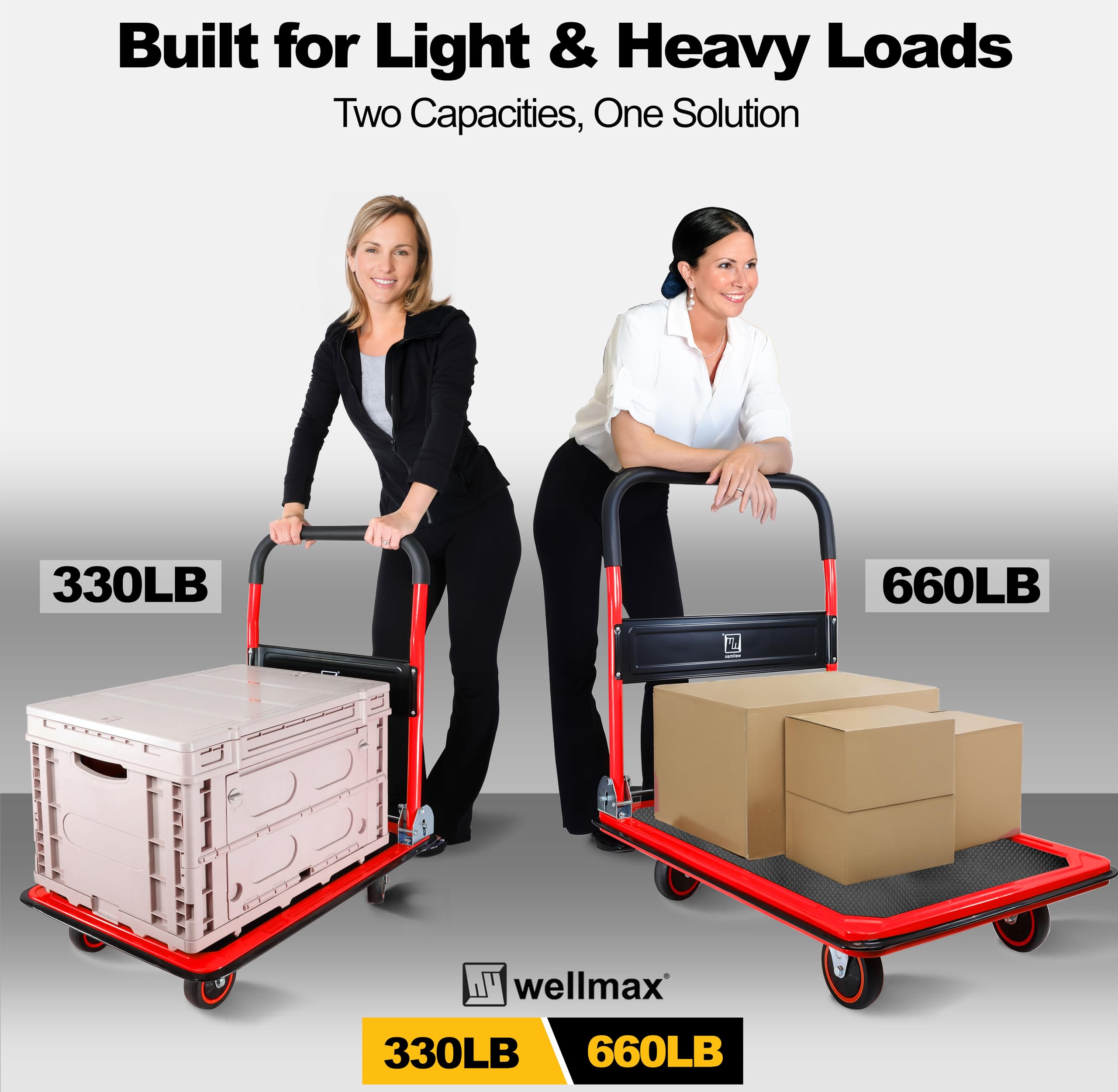 Wózek Push Cart Dolly by Wellmax | Functional Moving Platform + Hand Truck | Składany do łatwego przechowywania + 360-stopniowe kółka obrotowe + pojemność wagi 330 lb | Czerwony kolor