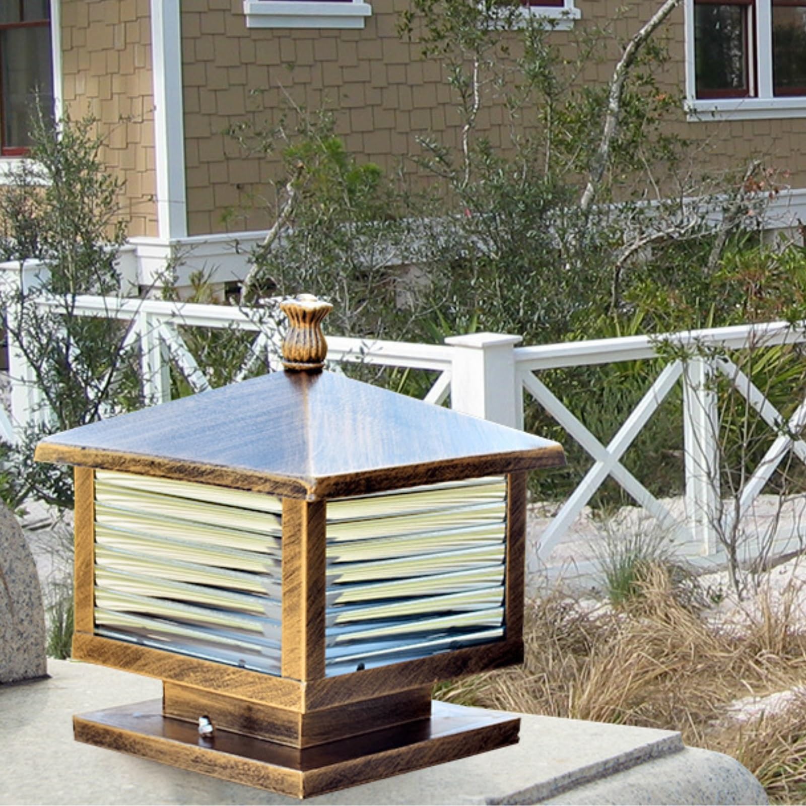 Farola Exterior Para Valla Lámpara De Poste De Exterior Vintage, Moderna Lámpara De Columna De Vidrio Y Hierro, Luces De Jardín, Luz De Columna Para Puerta De Villa Luz De Columna(25cm*25cm*27cm)