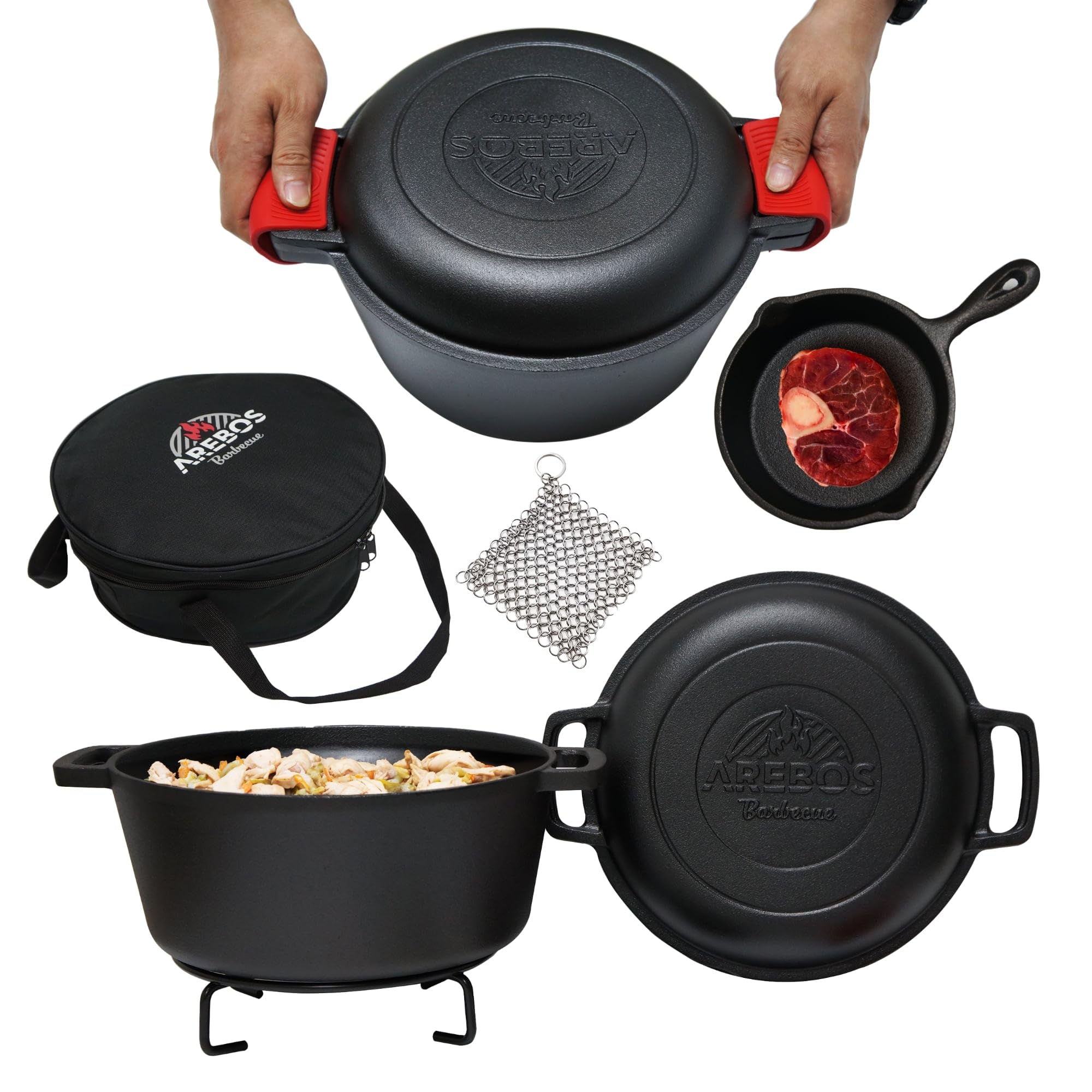 Arebos Dutch Oven Set 2in1 | Gusseisen Topf 4,8 L & Pfanne 1,8 L | Eingebrannter BBQ Feuertopf & Bratpfanne inkl. Zubehör | Doppelfunktion Deckel/Bratpfanne | Gulaschkessel für Outdoor & Indoor