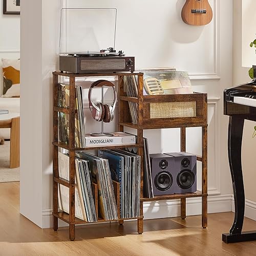 LELELINKY Soporte para tocadiscos, soporte para discos de madera marrón vintage con almacenamiento de vinilo con capacidad para hasta 300 álbumes,