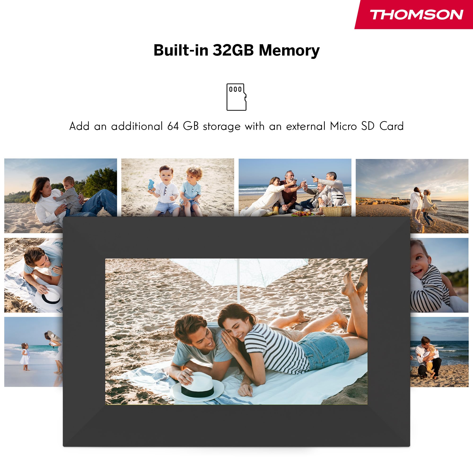 Thomson Digitaler Bilderrahmen 7 Zoll, IPS-Bildschirm, HD-Touchscreen, WLAN, Direktes Teilen über iOS/Android App, Smart-Funktionen, Elektronischer Fotorahmen mit 32 GB Speicher, Automatische Drehung
