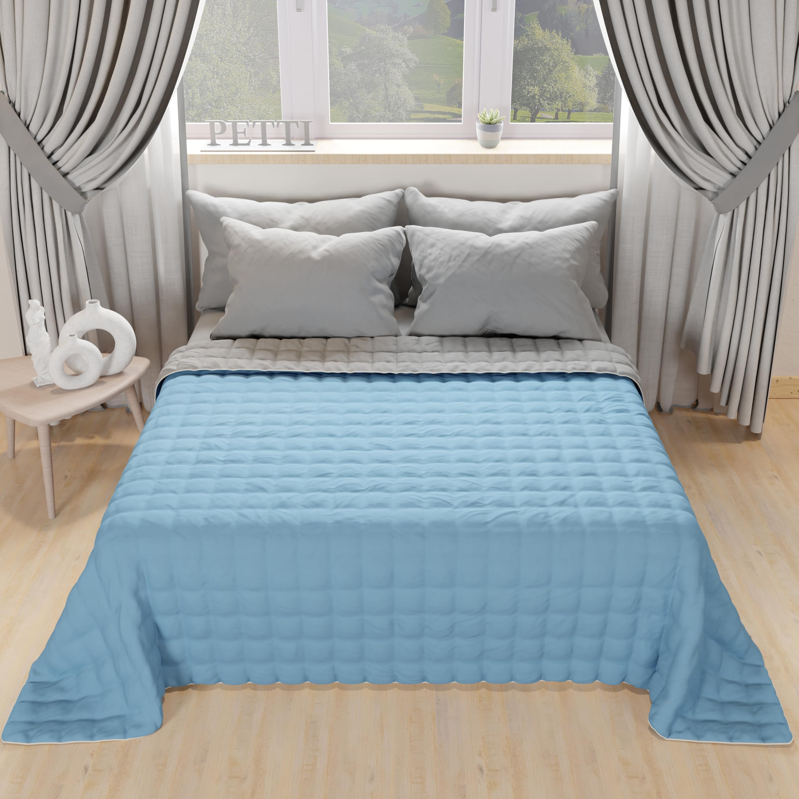 PETTI Artigiani Italiani Lightweight Reversible Quilt Lightweight Summer Quilt, Light Blue Grey