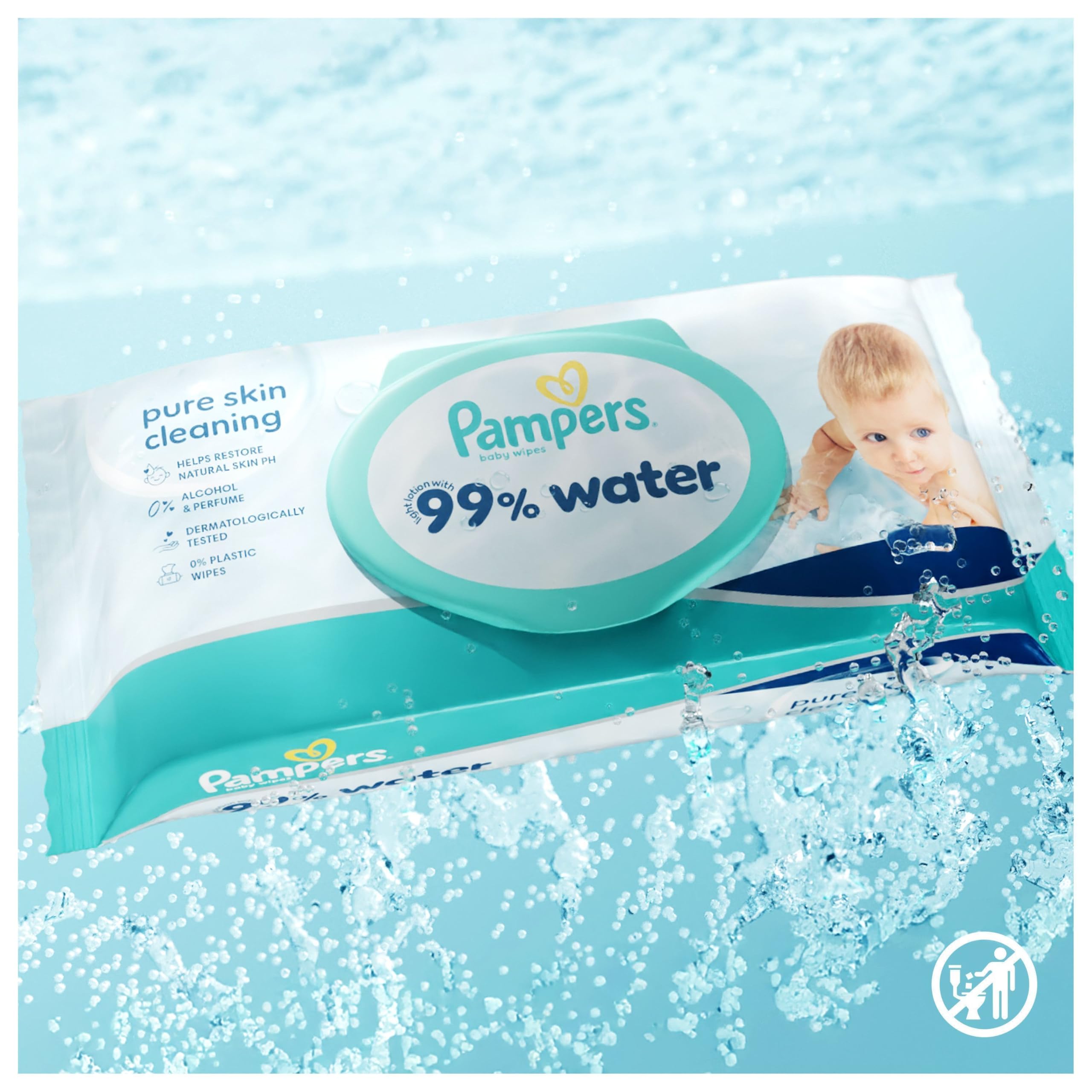 Pampers 99 Prozent Water Baby-Feuchttücher, 36 Packungen mit 60 Feuchttüchern 2160 Baby-Feuchttücher, leichte Lotion mit 99 Prozent Wasser