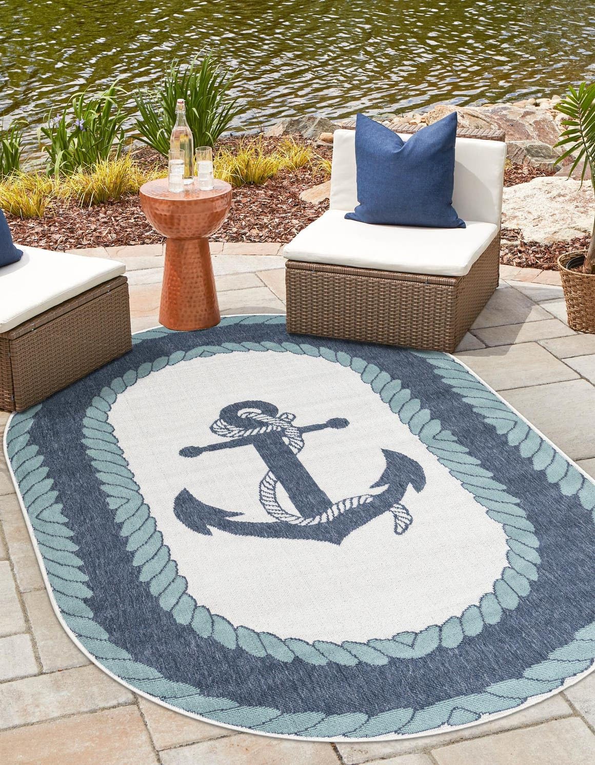Unique Loom Outdoor Coastal Collection Area Rug - Anchor (4' 1" x 6' 1" Oval Navy Blue/Light Blue)