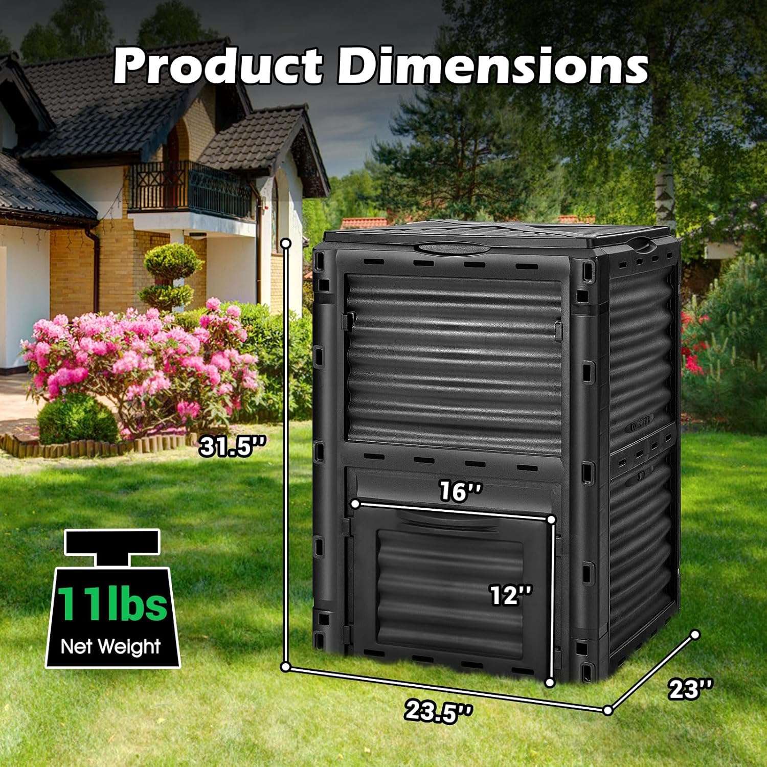 Happygrill Outdoor Compost Bin, Composting Box w/Top Flip Latch-on Lid,80 Gallons Composter for Kitchen Waste & Garden Scraps, Compost Barrel for Fast Creation of Fertile Soil (Black)